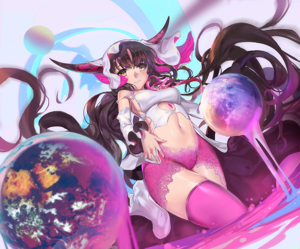 breasts, brown_hair, fate/grand_order, fate_(series), horns, long_hair, navel, rabbit_(tukenitian), ribbons, sesshouin_kiara, thighhighs, yellow_eyes