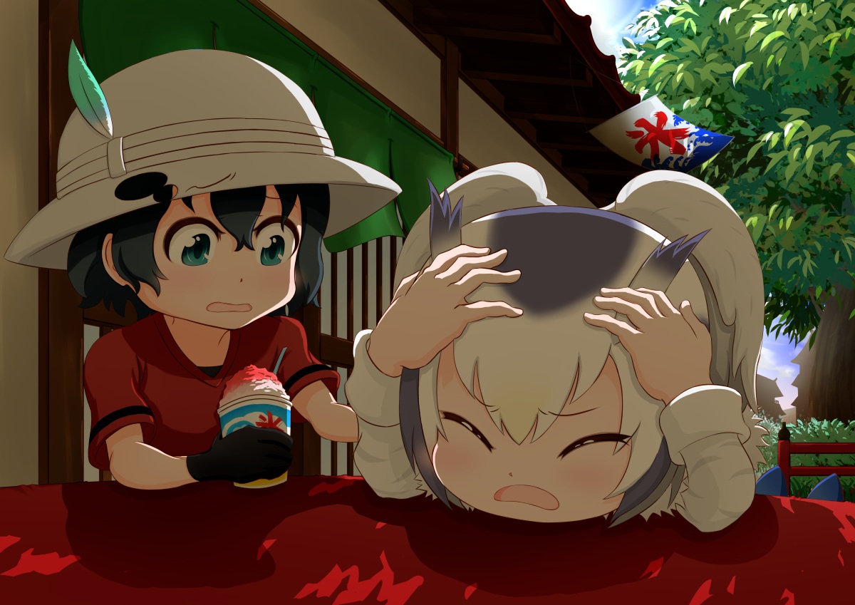 2girls, anthropomorphism, black_hair, clouds, feathers, food, gloves, green_eyes, hat, kaban, kemono_friends, northern_white-faced_owl_(kemono_friends), pandemic14, short_hair, sky, tree, wings