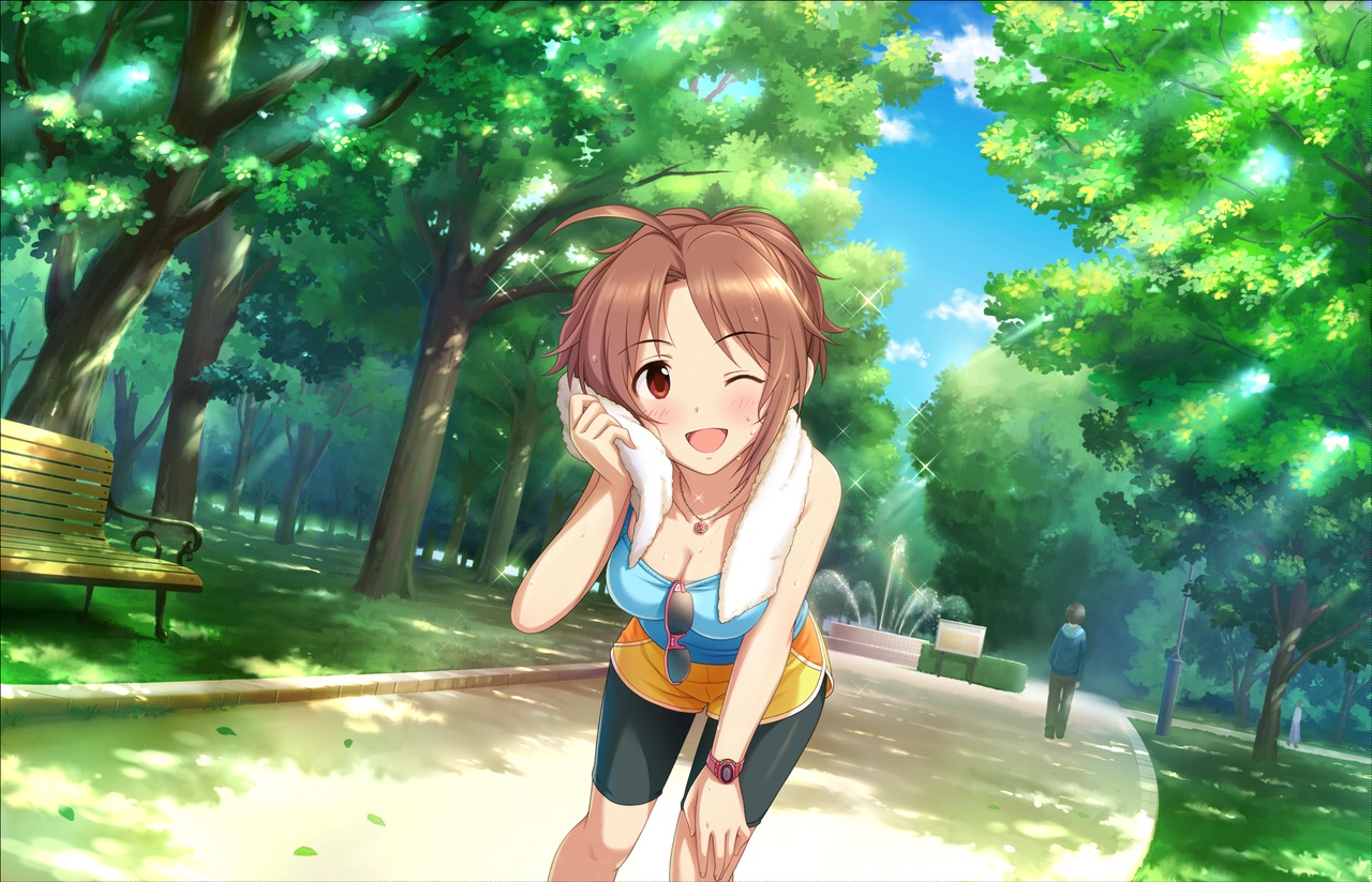 annin_doufu, bike_shorts, breasts, cleavage, grass, green, idolmaster, idolmaster_cinderella_girls, idolmaster_cinderella_girls_starlight_stage, necklace, park, saitou_youko, shade, shorts, summer, sunglasses, towel, tree, wink, wristwear