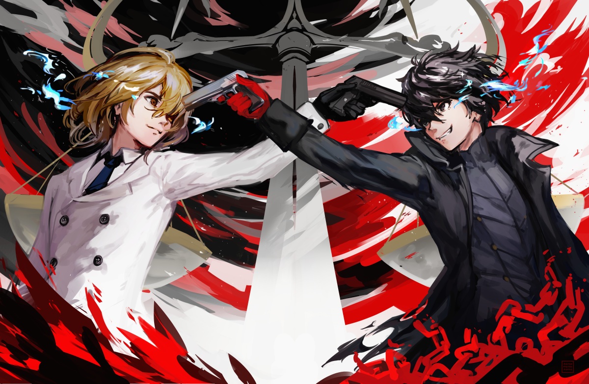 akechi_gorou, all_male, amamiya_ren, black_eyes, black_hair, brown_eyes, brown_hair, gun, k_(sktchblg), male, persona, persona_5, short_hair, tie, weapon