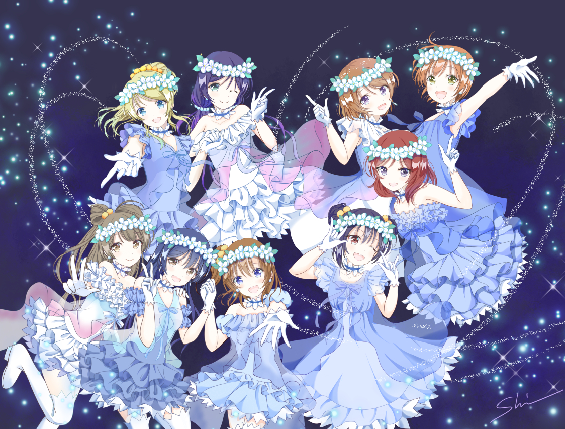 aqua_eyes, ayase_eri, blonde_hair, blue_hair, brown_eyes, brown_hair, dress, gloves