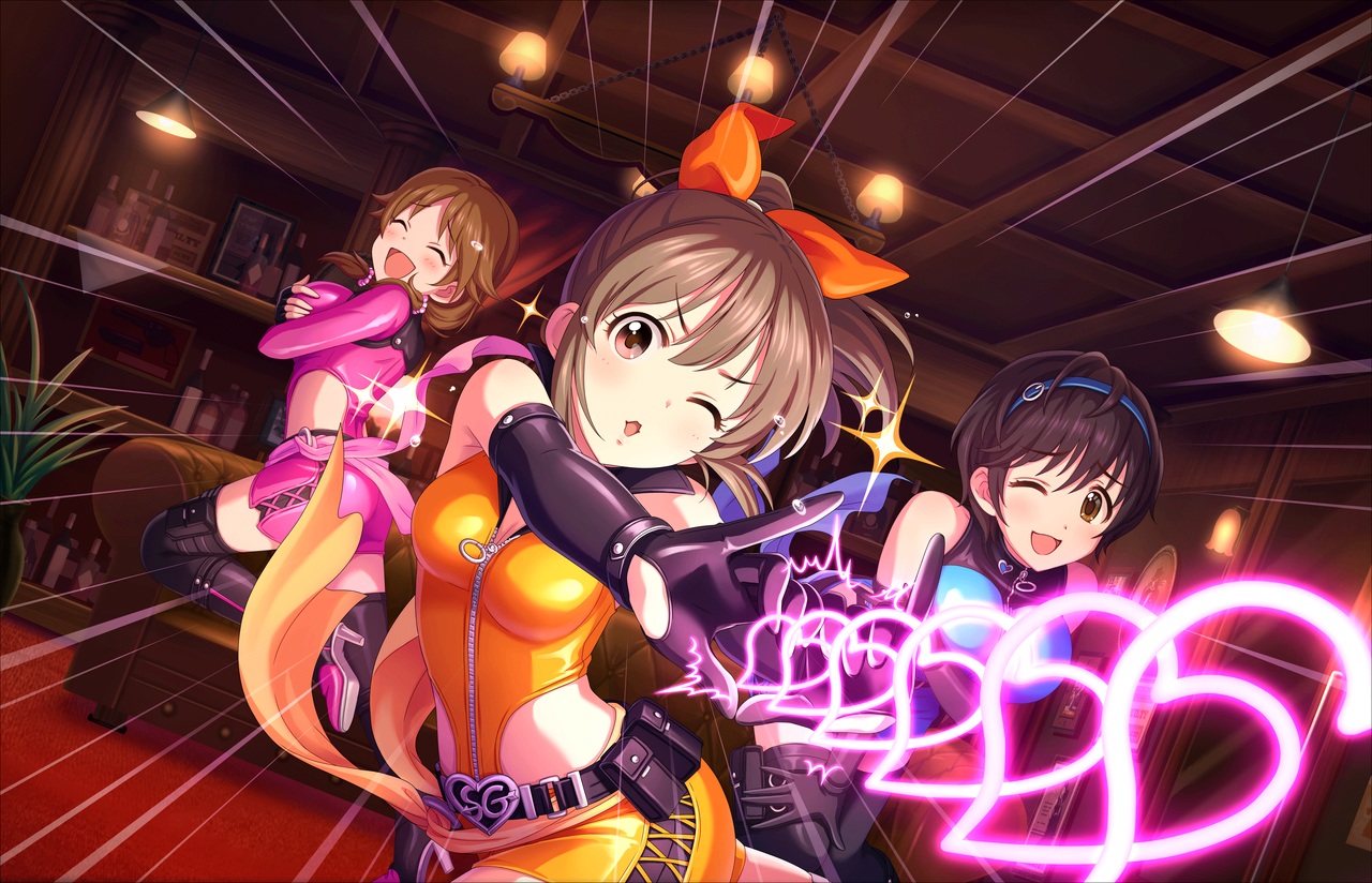 annin_doufu, breast_hold, breasts, brown_eyes, brown_hair, couch, drink, elbow_gloves, gloves, hori_yuuko, idolmaster, idolmaster_cinderella_girls, idolmaster_cinderella_girls_starlight_stage, katagiri_sanae, oikawa_shizuku, short_hair, shorts, thighhighs