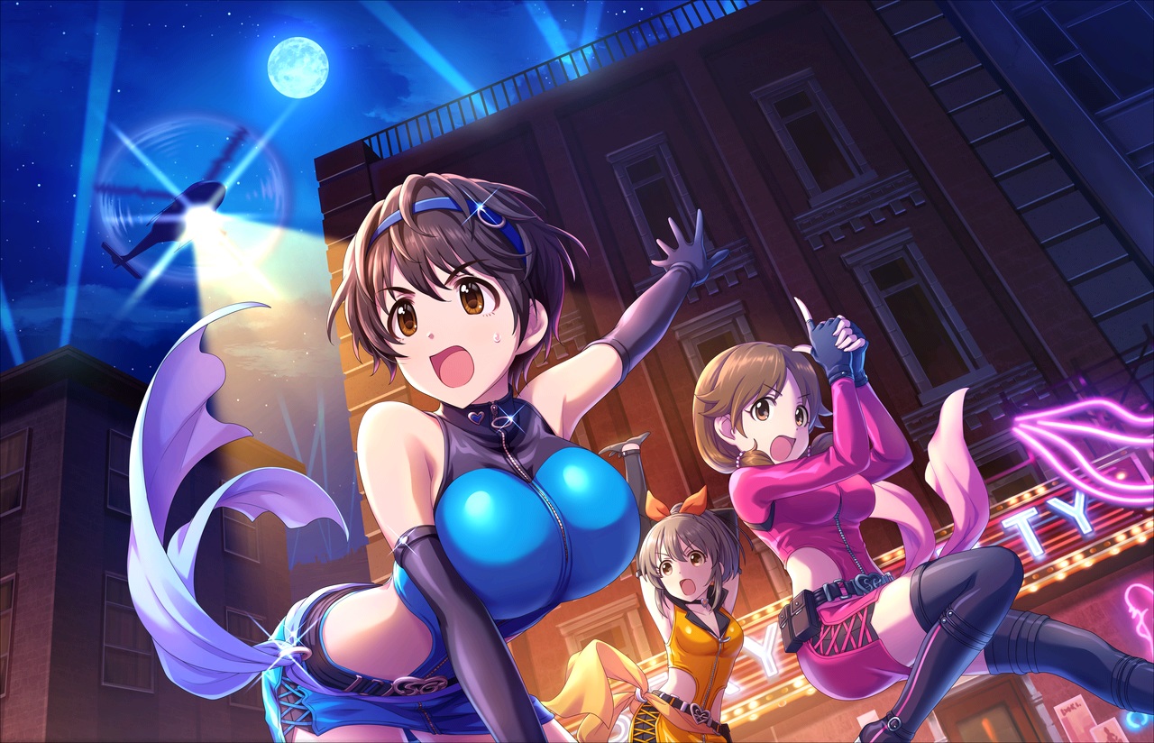 aircraft, annin_doufu, breasts, brown_eyes, brown_hair, building, city, clouds, elbow_gloves, gloves, headband, hori_yuuko, idolmaster, idolmaster_cinderella_girls, idolmaster_cinderella_girls_starlight_stage, katagiri_sanae, moon, oikawa_shizuku, short_hair, sky, thighhighs