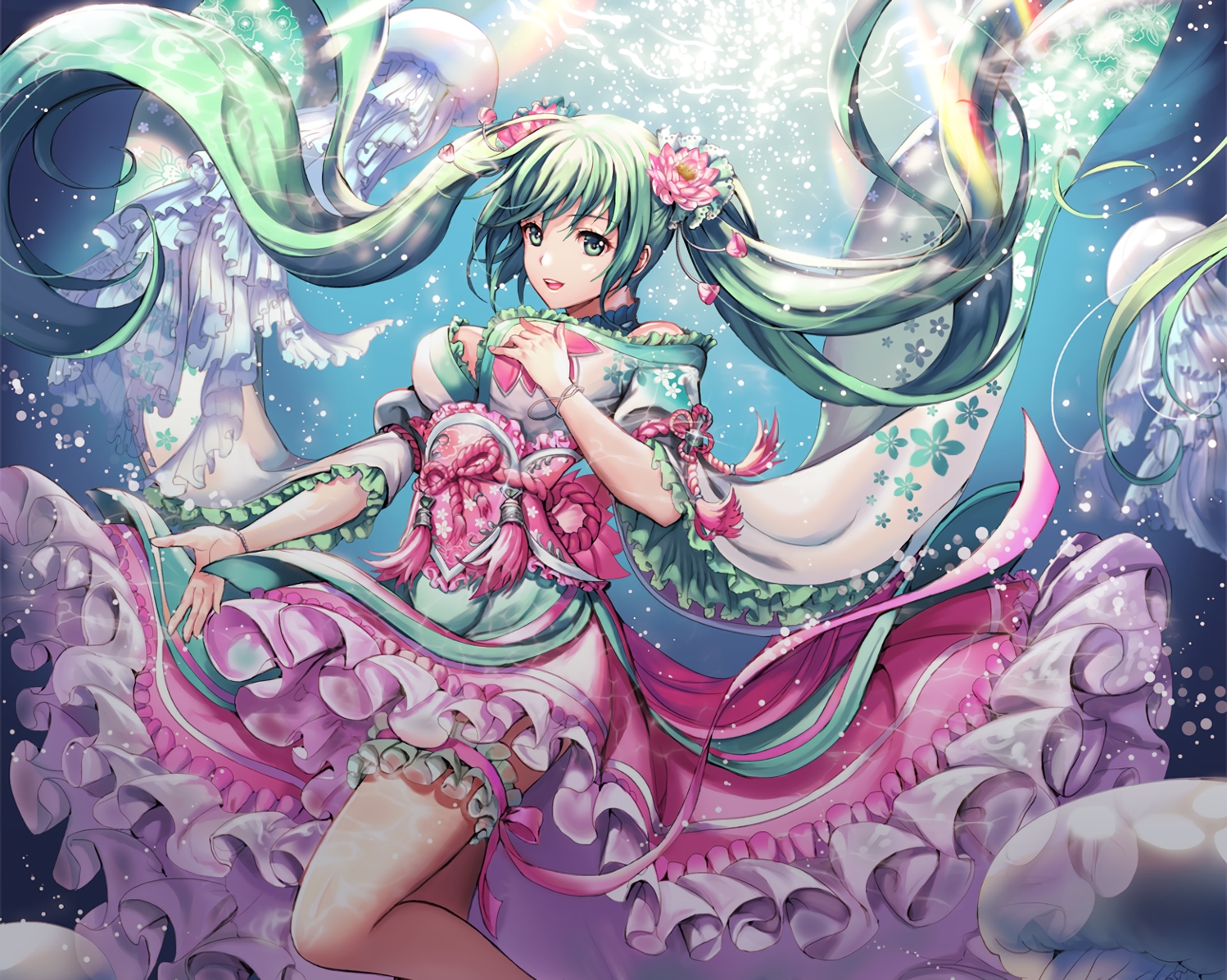 animal, breasts, choker, cleavage, fish, green_eyes, green_hair, hatsune_miku, hc_(razel1), headdress, japanese_clothes, lolita_fashion, long_hair, ribbons, twintails, underwater, vocaloid, waifu2x, water