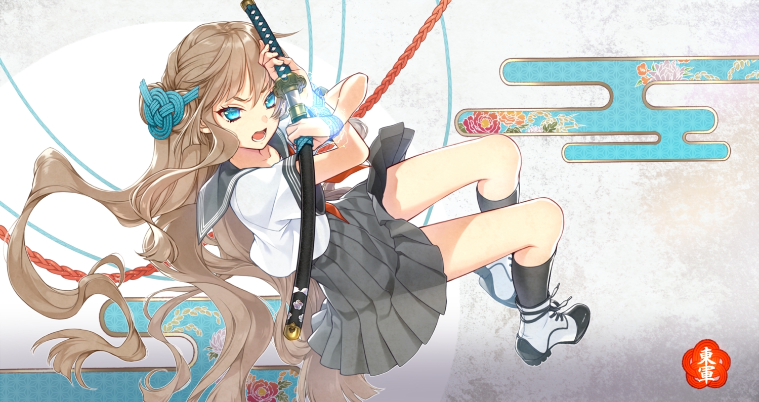 aqua_eyes, brown_hair, katana, kneehighs, long_hair, masami05071541, school_uniform, skirt