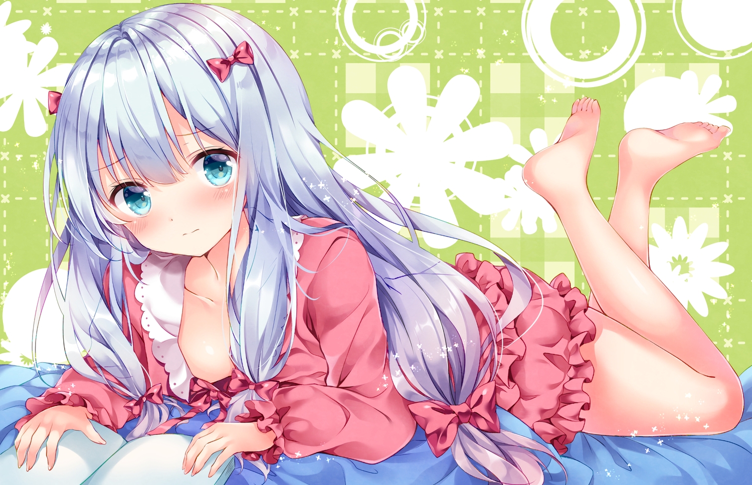 aqua_eyes, barefoot, blush, book, bow, eromanga-sensei, gray_hair, green