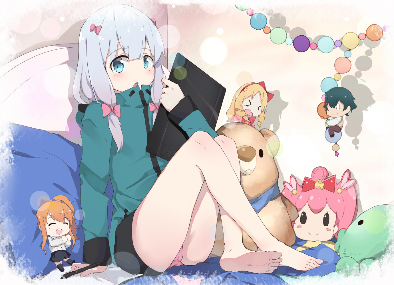 aqua_eyes, barefoot, bow, eromanga-sensei, gray_hair, hood, izumi_masamune, izumi_sagiri