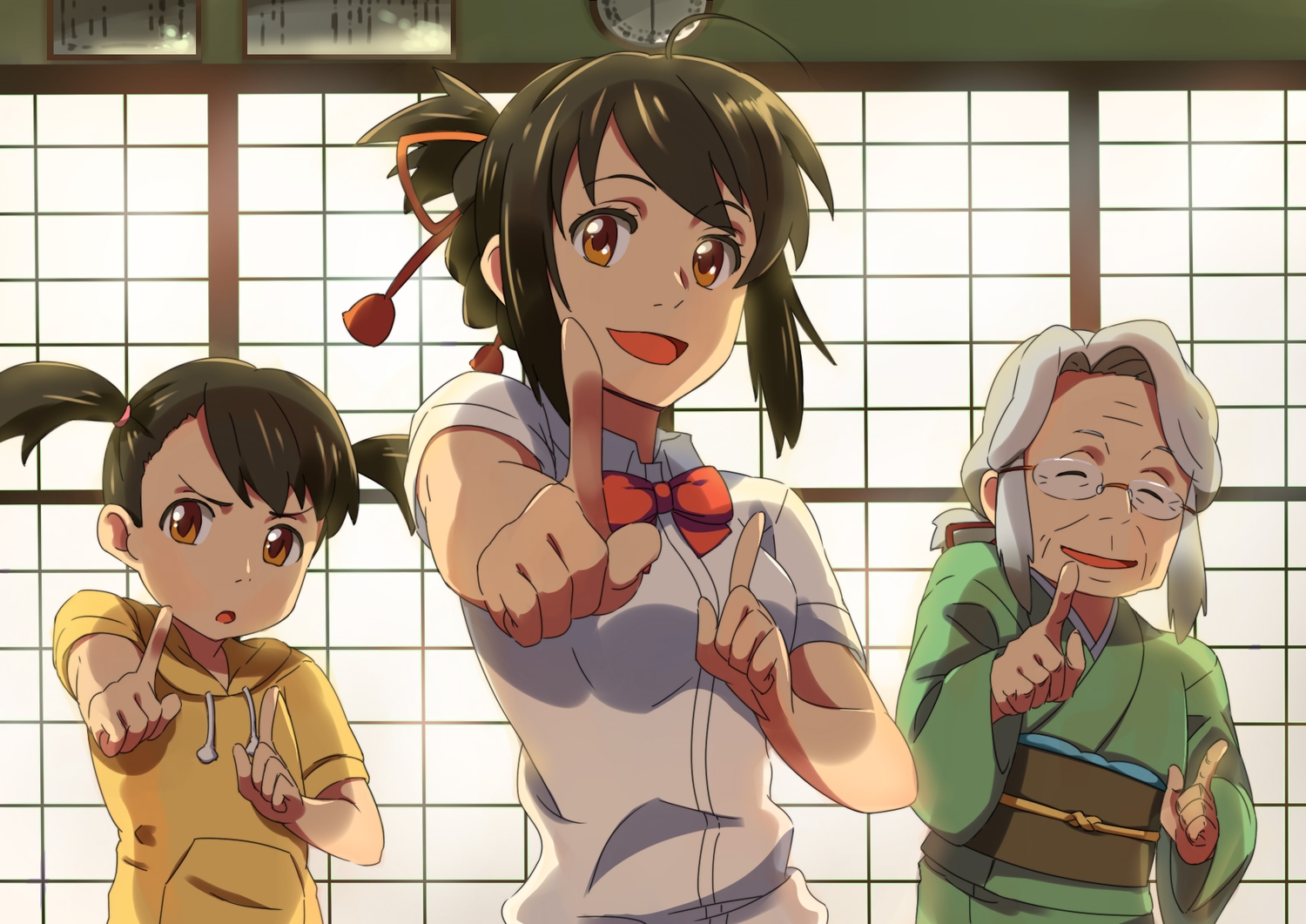 black_hair, bow, brown_eyes, chiharu_(9654784), glasses, japanese_clothes, kimi_no_na_wa, loli