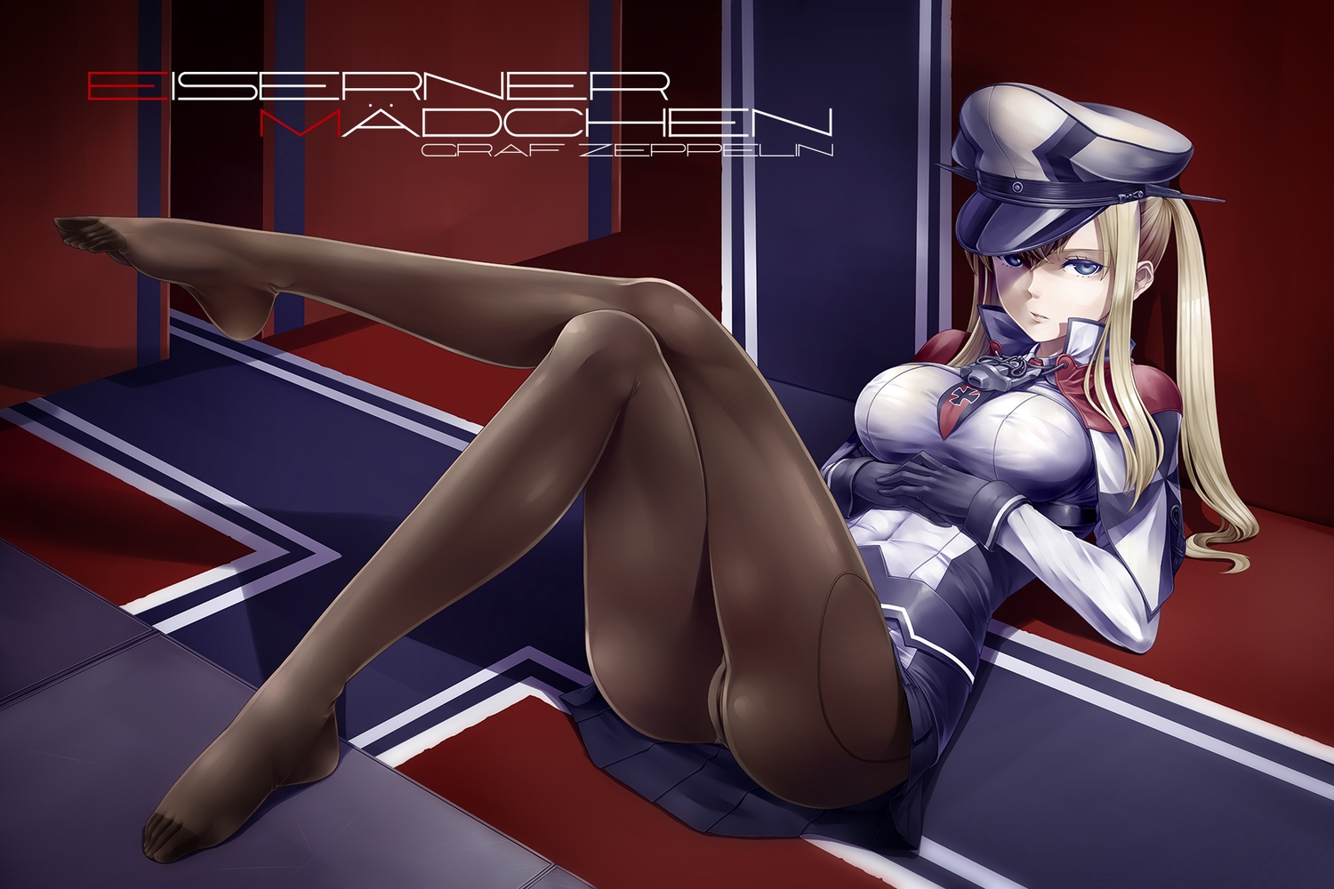 anthropomorphism, blonde_hair, blue_eyes, breasts, graf_zeppelin_(kancolle), hat, kantai_collection, long_hair, military, panties, pantyhose, seihou, skirt, twintails, underwear, uniform
