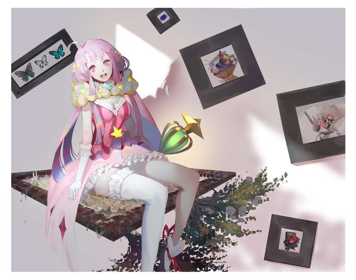 concrete_revolutio, elbow_gloves, gloves, hoshimawa, hoshino_kikko, pink_eyes, pink_hair, thighhighs