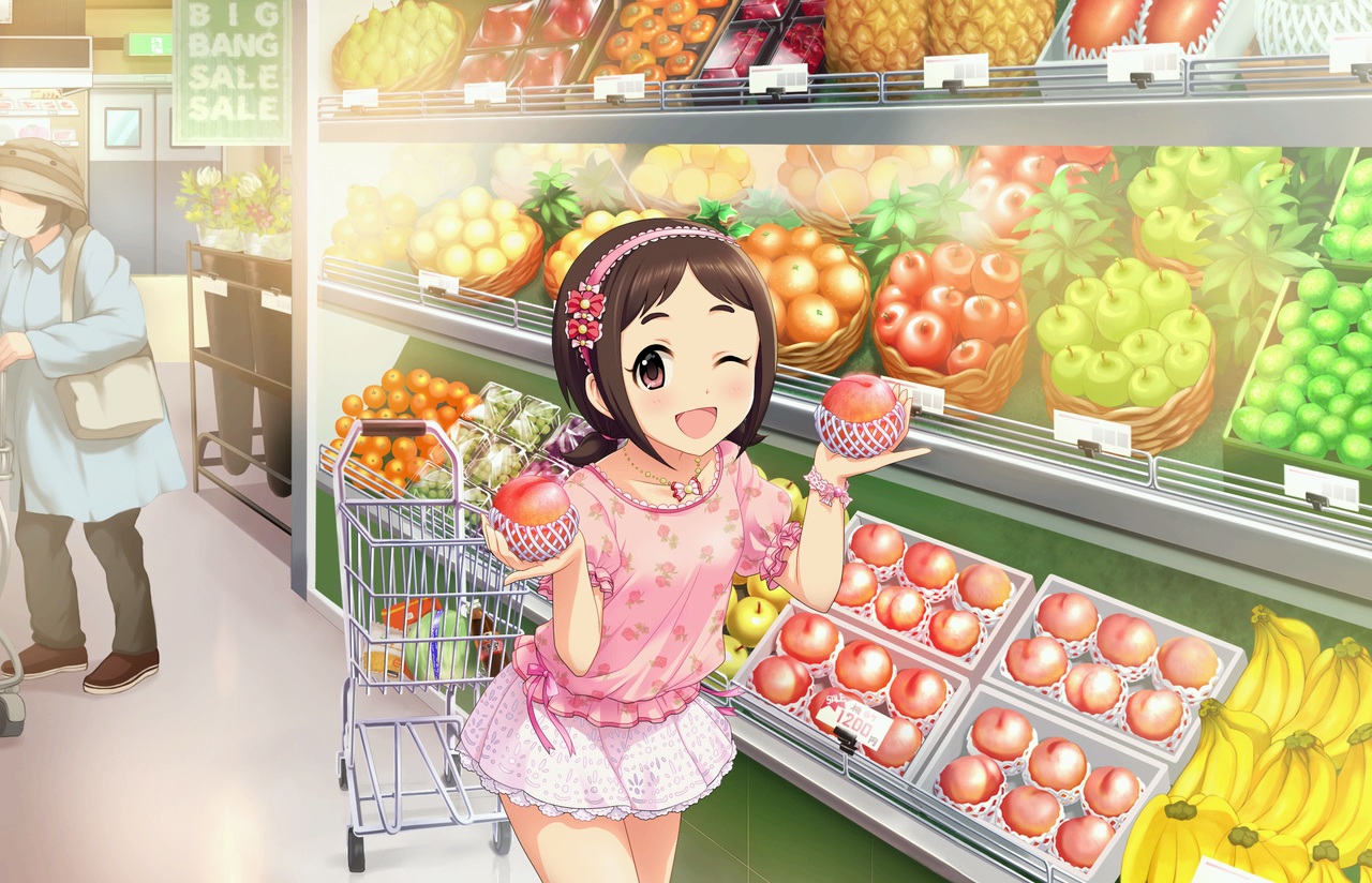 annin_doufu, food, fruit, headband, idolmaster, idolmaster_cinderella_girls, idolmaster_cinderella_girls_starlight_stage, muramatsu_sakura, necklace, skirt, wink, wristwear