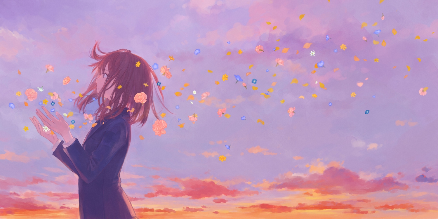 brown_hair, clouds, flowers, gabaisuito-n, original, school_uniform, sky