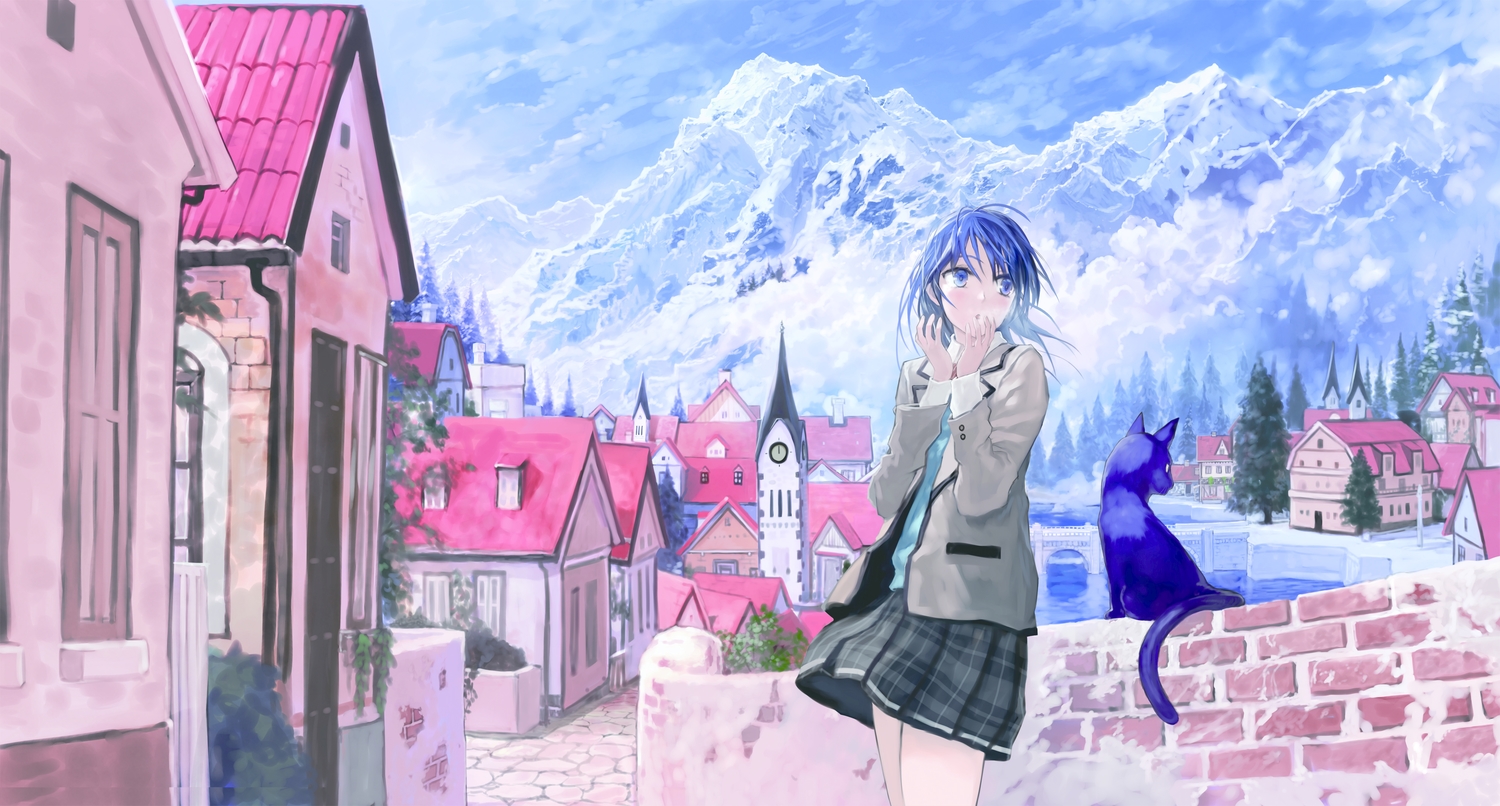 animal, blue_eyes, blue_hair, bob_(biyonbiyon), building, cat, clouds, sangatsu_no_phantasia