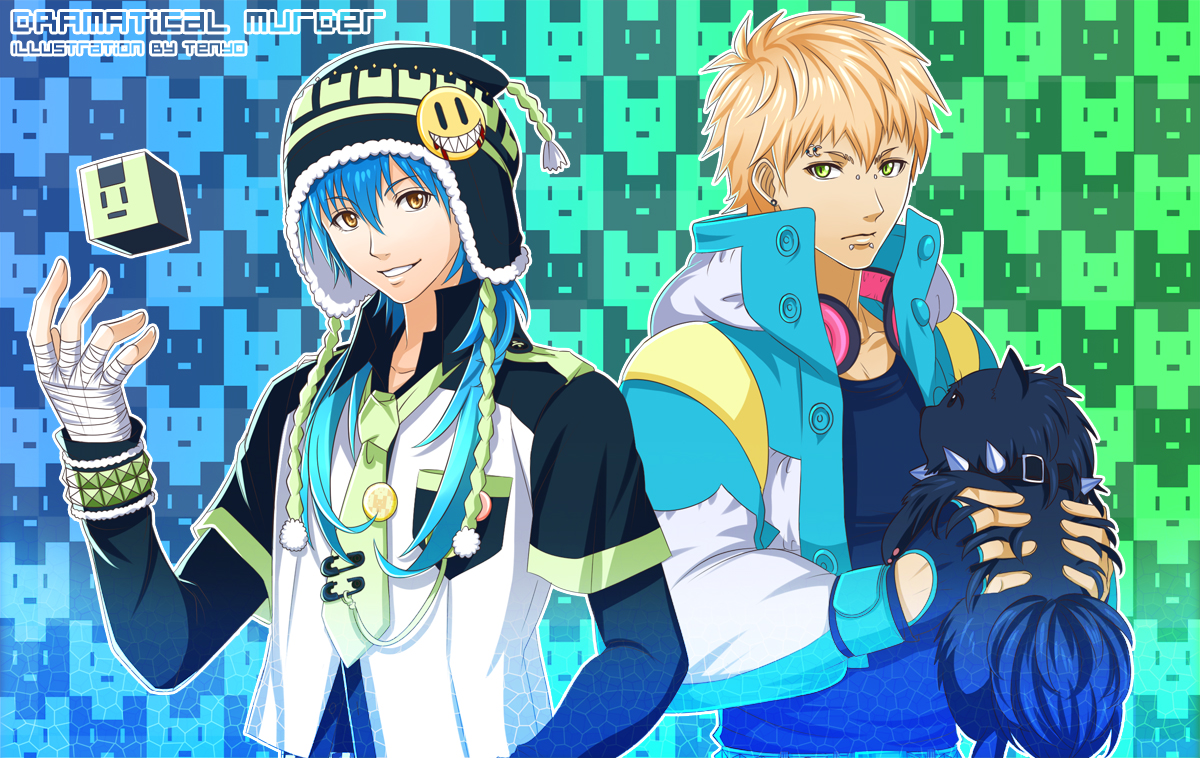 all_male, animal, bandage, blonde_hair, blue_hair, brown_eyes, dog, dramatical_murder