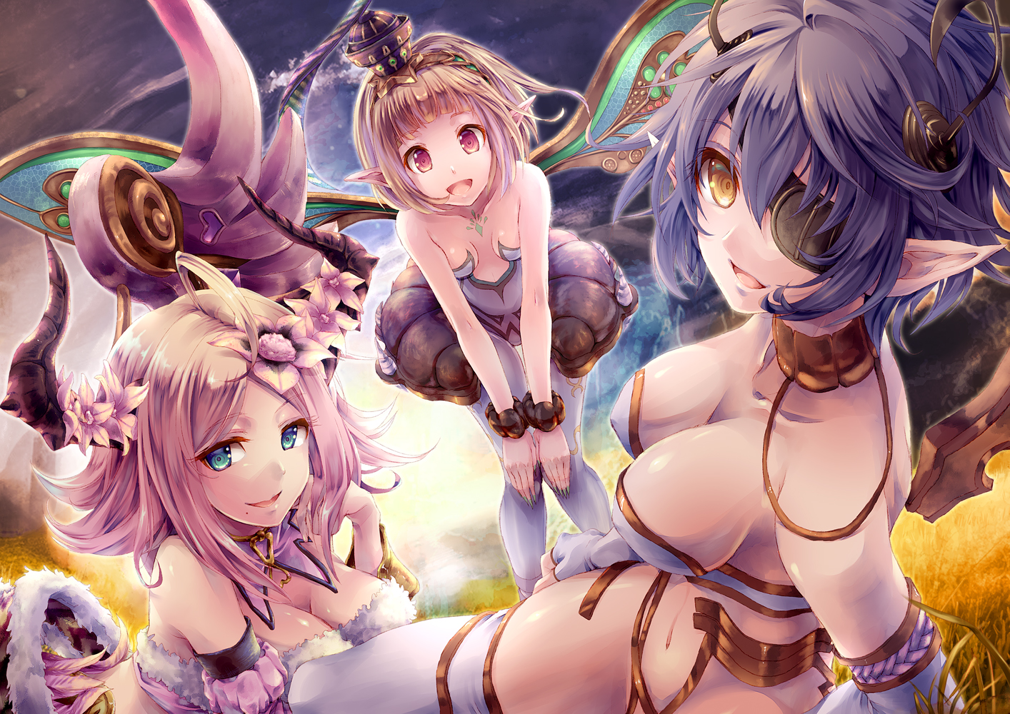 blonde_hair, breasts, cleavage, dress, eyepatch, flowers, green_eyes, horns, navel, pink_hair, pointed_ears, short_hair, wings, yellow_eyes, yue_(pixiv2547)
