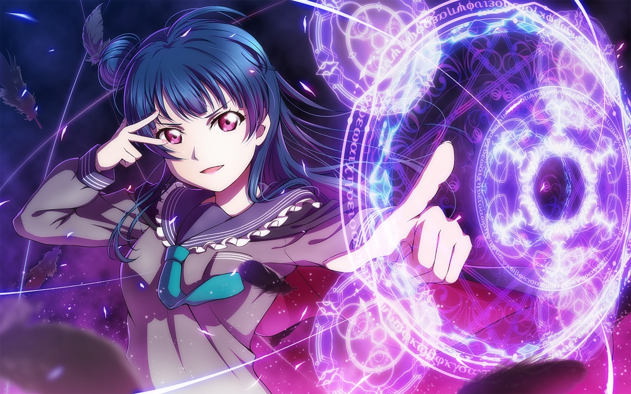 anibache, blue_hair, feathers, long_hair, love_live!_school_idol_project, love_live!_sunshine!!, magic, purple_eyes, school_uniform, tie, tsushima_yoshiko
