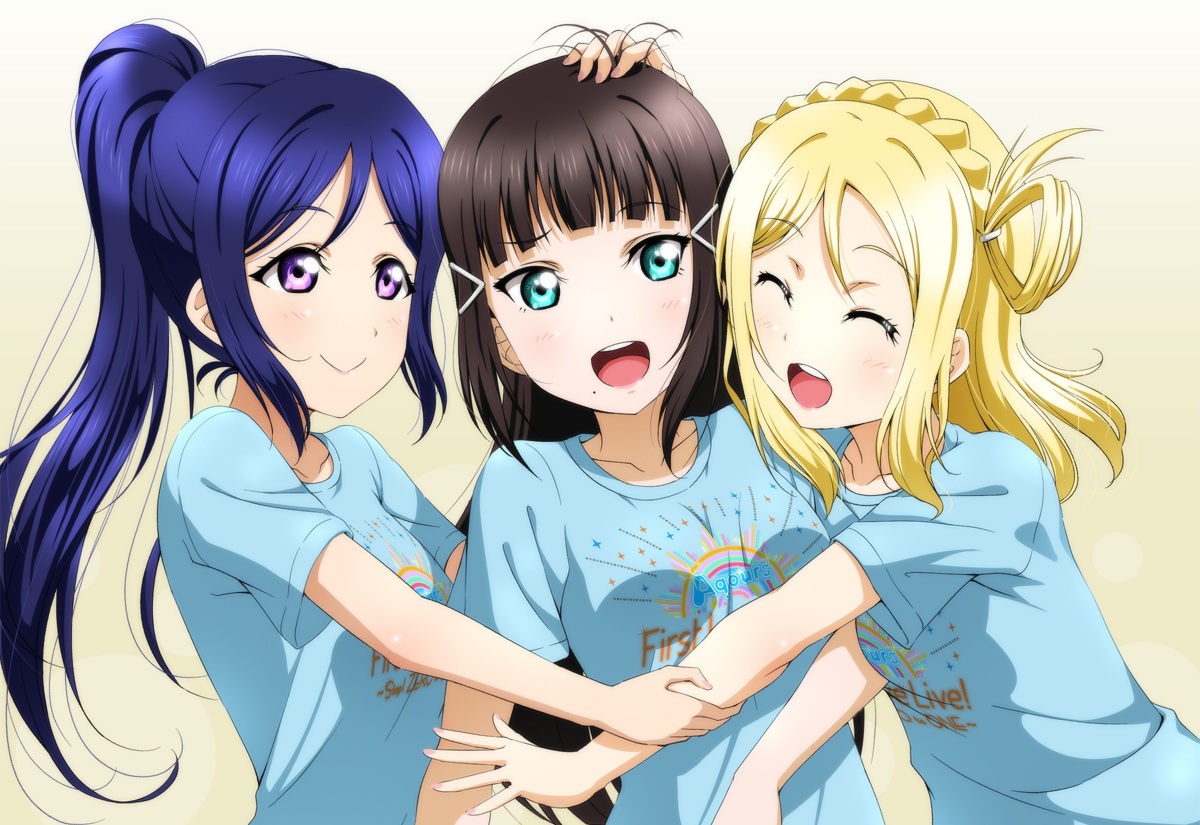 anibache, aqua_eyes, black_hair, blonde_hair, blue_hair, blush, braids, kurosawa_dia, long_hair, love_live!_school_idol_project, love_live!_sunshine!!, matsuura_kanan, ohara_mari, pink_eyes, ponytail, short_hair