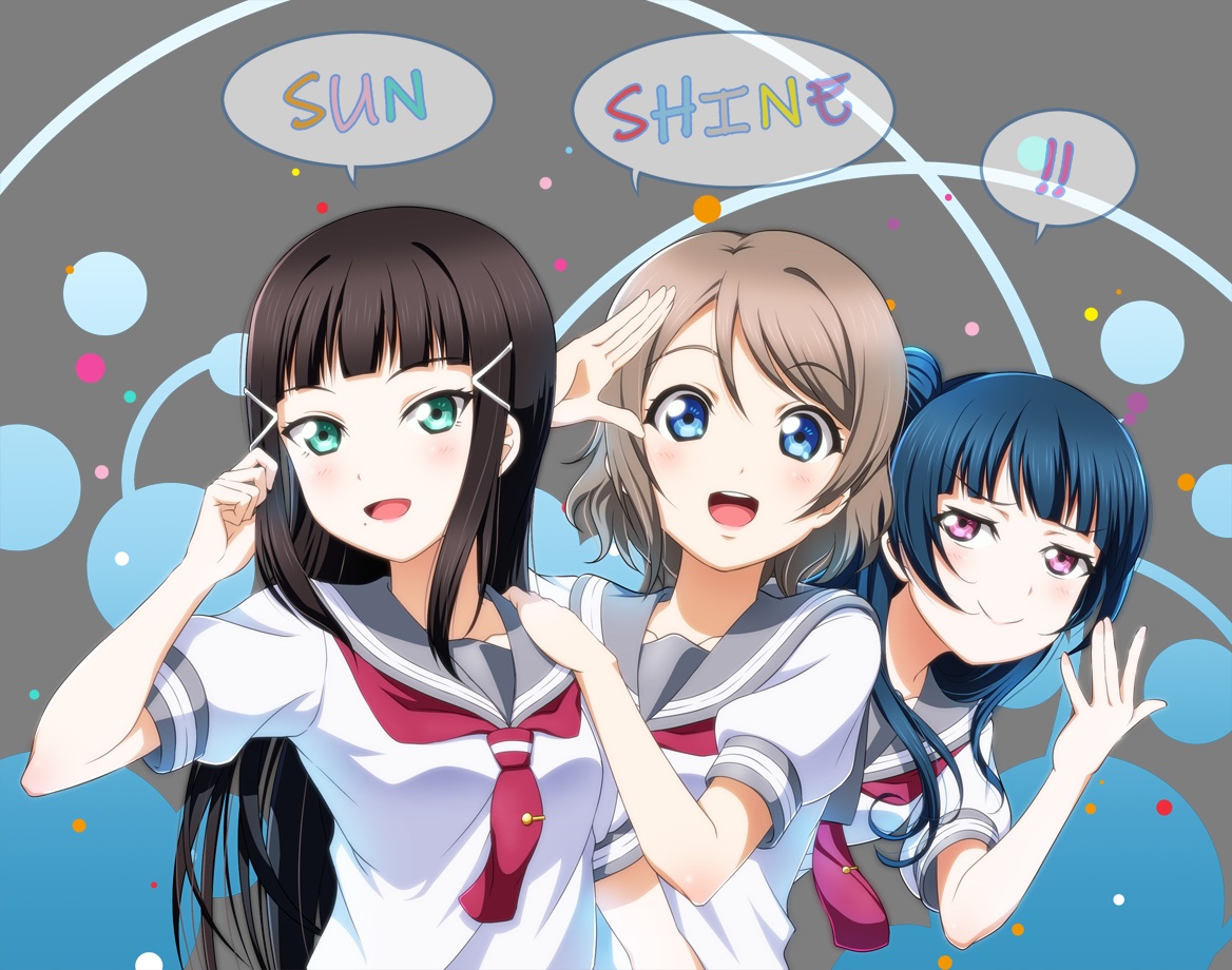 anibache, black_hair, blue_eyes, blue_hair, blush, brown_hair, green_eyes, kurosawa_dia