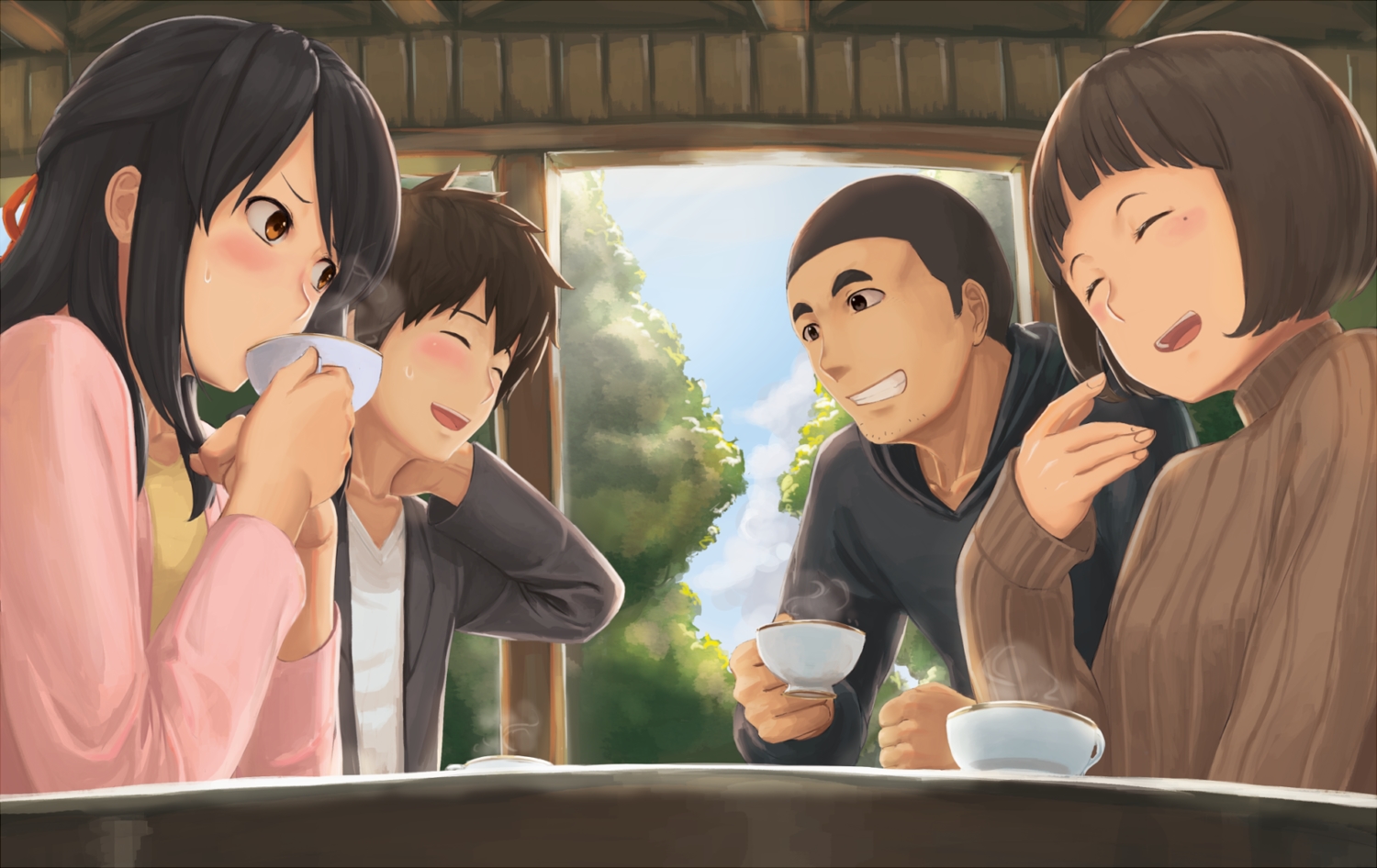 black_hair, blush, brown_eyes, clouds, drink, group, kimi_no_na_wa, male, miyamizu_mitsuha, natori_sayaka, ranma_(kamenrideroz), short_hair, sky, tachibana_taki, teshigawara_katsuhiko