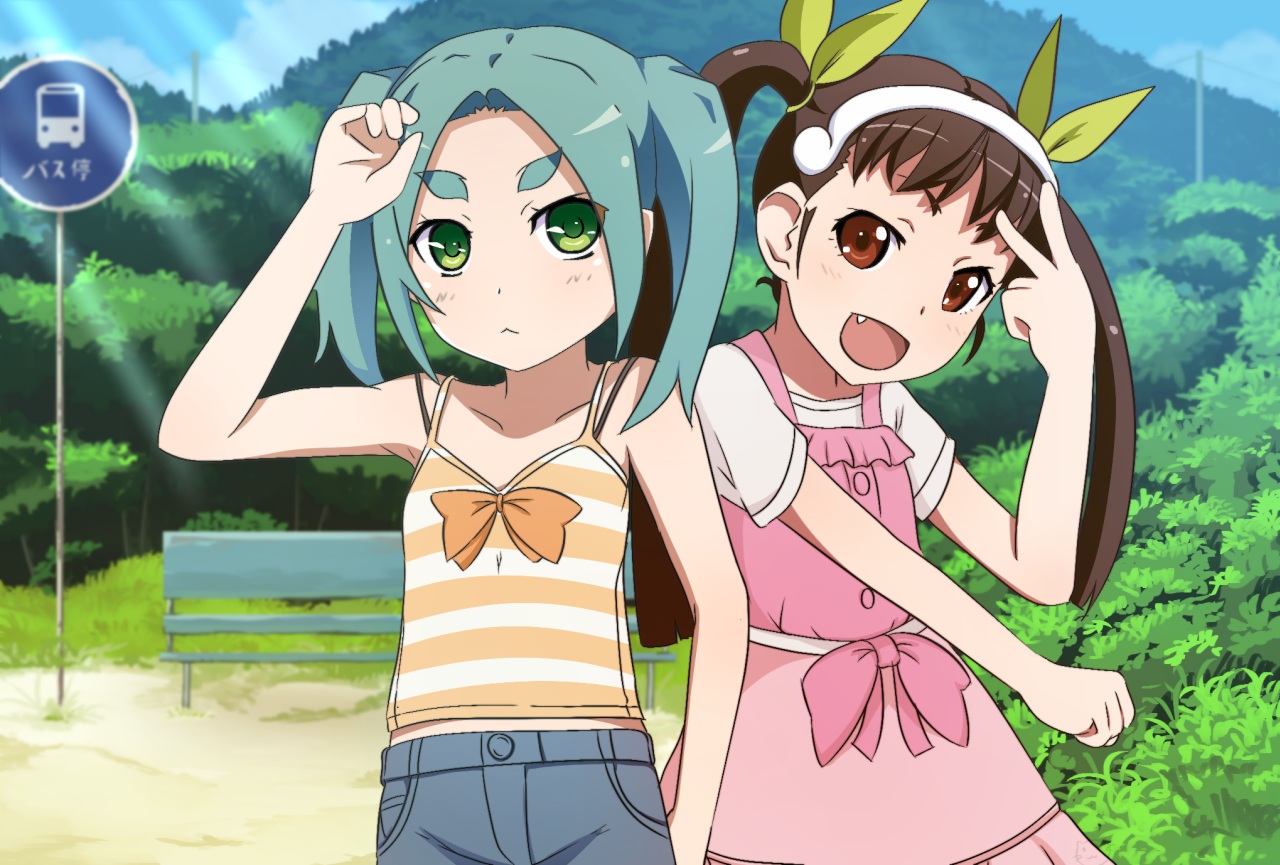 2girls, bakemonogatari, blue_hair, bow, brown_eyes, brown_hair, clouds, fang