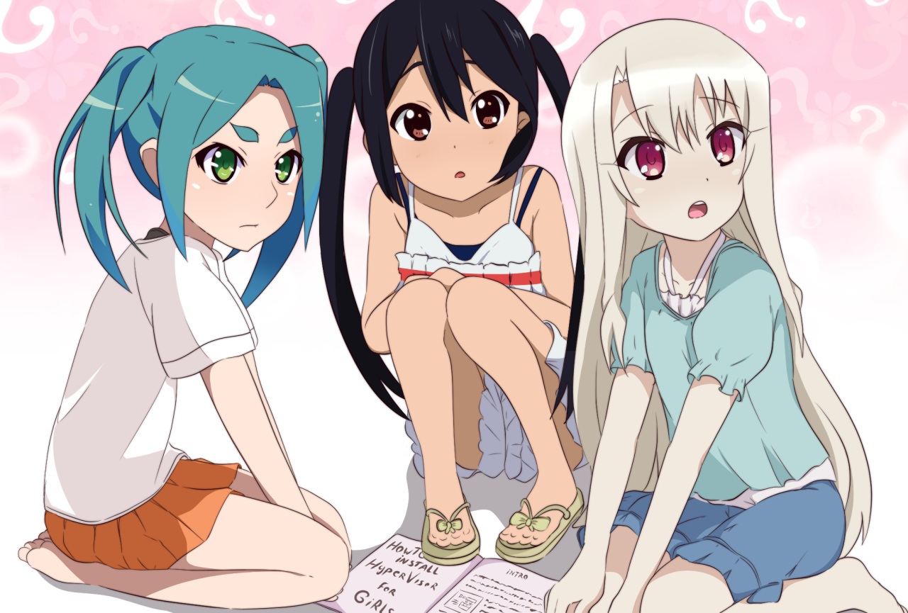 barefoot, black_hair, blonde_hair, blue_hair, book, brown_eyes, crossover, dress