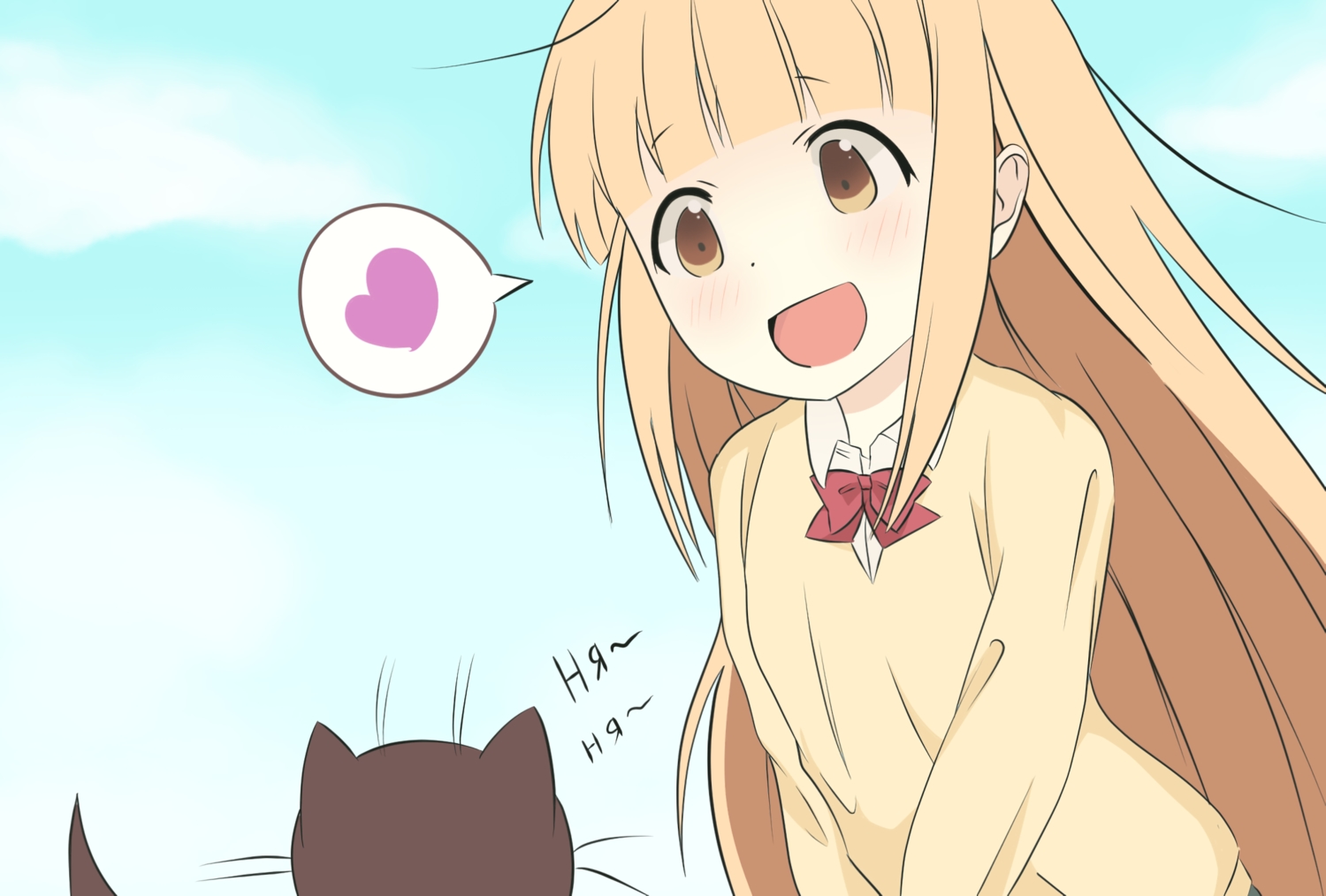 animal, blonde_hair, blush, bow, cat, loli, long_hair, miyano