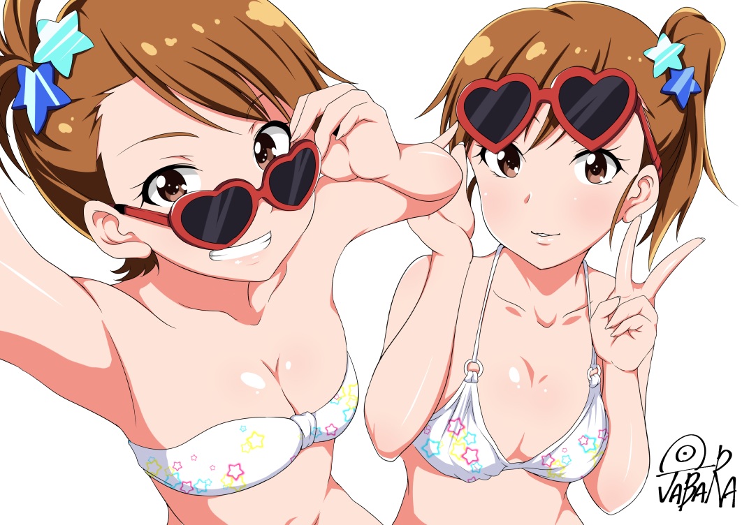 2girls, bikini, breasts, brown_eyes, brown_hair, futami_ami, futami_mami, idolmaster, jabara_tornado, ponytail, short_hair, signed, sunglasses, swimsuit, twins, white