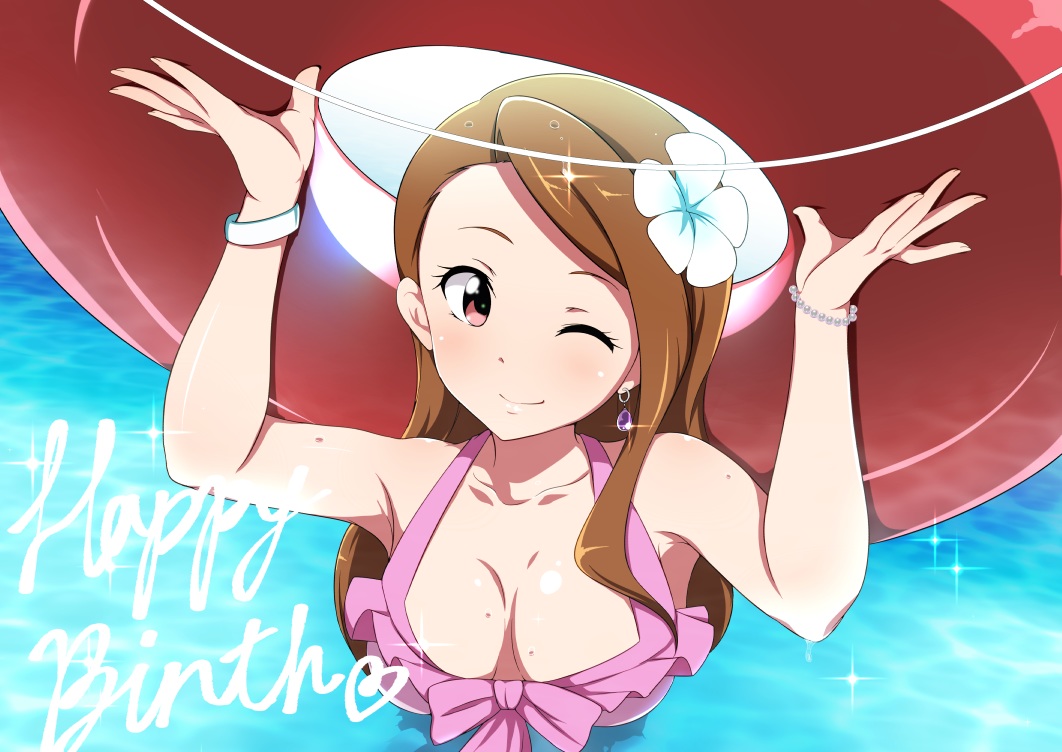 bikini, bow, breasts, brown_hair, idolmaster, jabara_tornado, long_hair, minase_iori, pink_eyes, swim_ring, swimsuit, water, wink