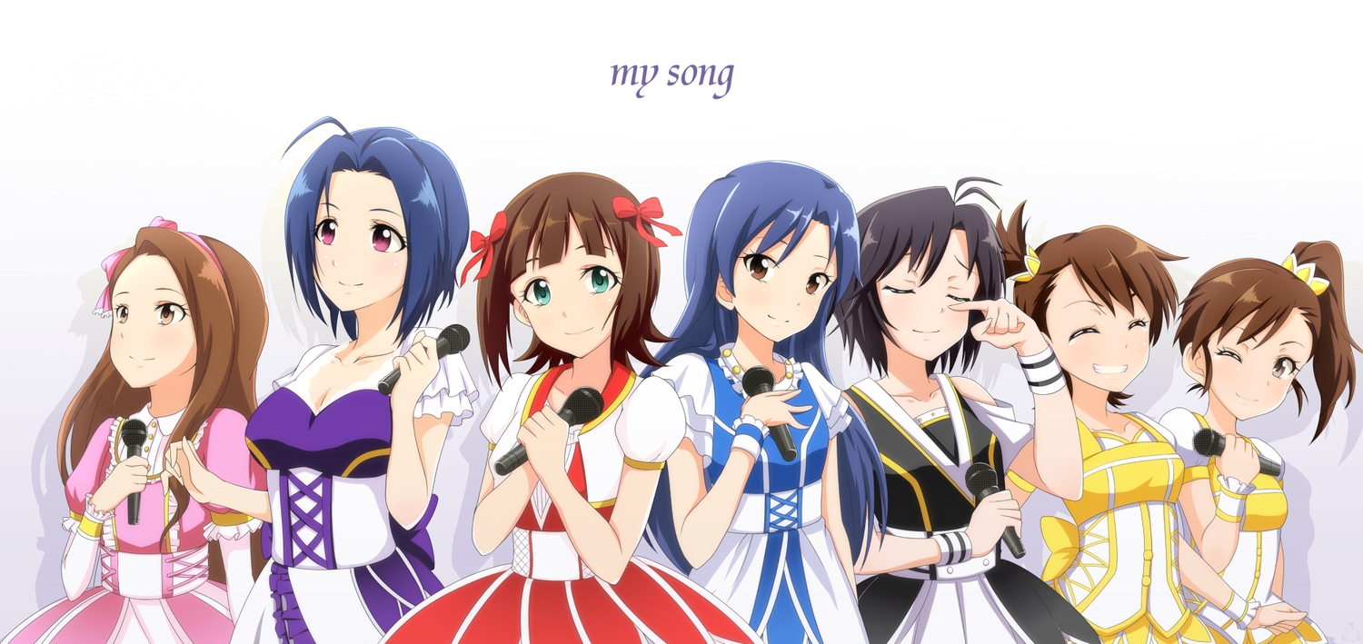 amami_haruka, black_hair, blue_hair, bow, breasts, brown_eyes, brown_hair, dress