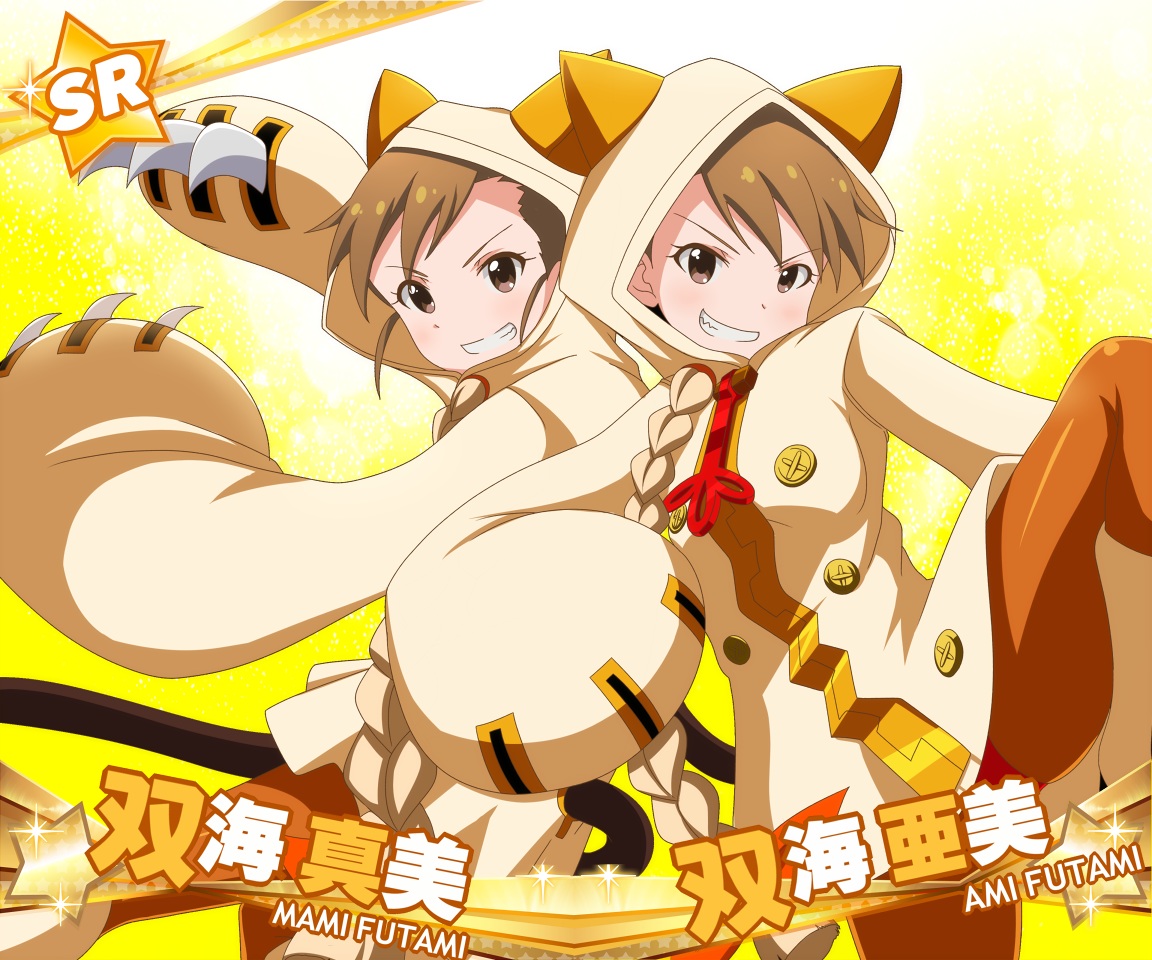 2girls, blazblue, brown_eyes, brown_hair, cosplay, crossover, futami_ami, futami_mami
