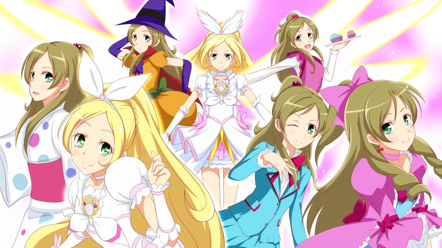 blonde_hair, bow, braids, brown_hair, cake, cure_rhythm, elbow_gloves, food, gloves, green_eyes, hat, jabara_tornado, japanese_clothes, long_hair, minamino_kanade, ponytail, precure, school_uniform, skirt, smile_precure!, witch_hat
