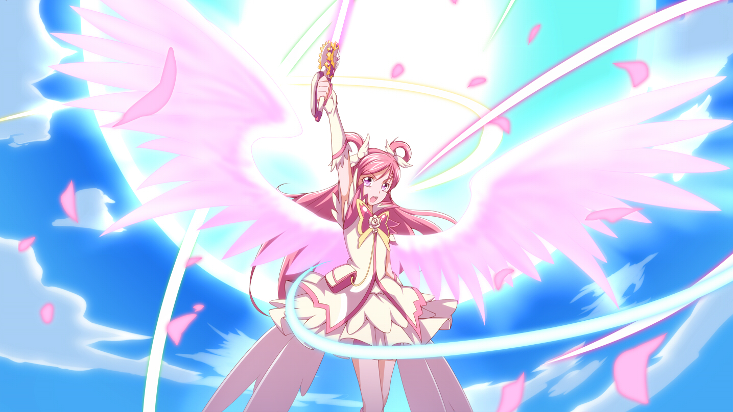 bow, clouds, cure_dream, dress, jabara_tornado, long_hair, petals, pink_eyes