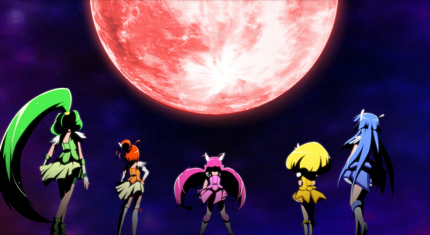 aoki_reika, bad_end_happy, bad_end_march, bad_end_sunny, blonde_hair, blue_hair, boots, green_hair, group, hino_akane, hoshizora_miyuki, jabara_tornado, kise_yayoi, long_hair, midorikawa_nao, moon, orange_hair, ponytail, precure, smile_precure!, thighhighs, twintails