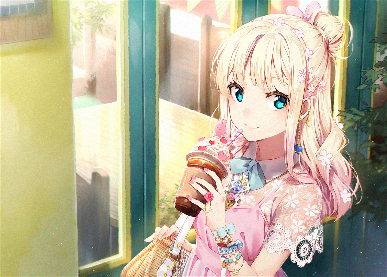 aqua_eyes, blonde_hair, bow, drink, hakusai_(tiahszld), long_hair, original, wristwear