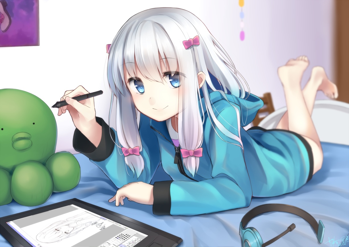 aqua_eyes, barefoot, bed, eromanga-sensei, gray_hair, headphones, hood, izumi_sagiri