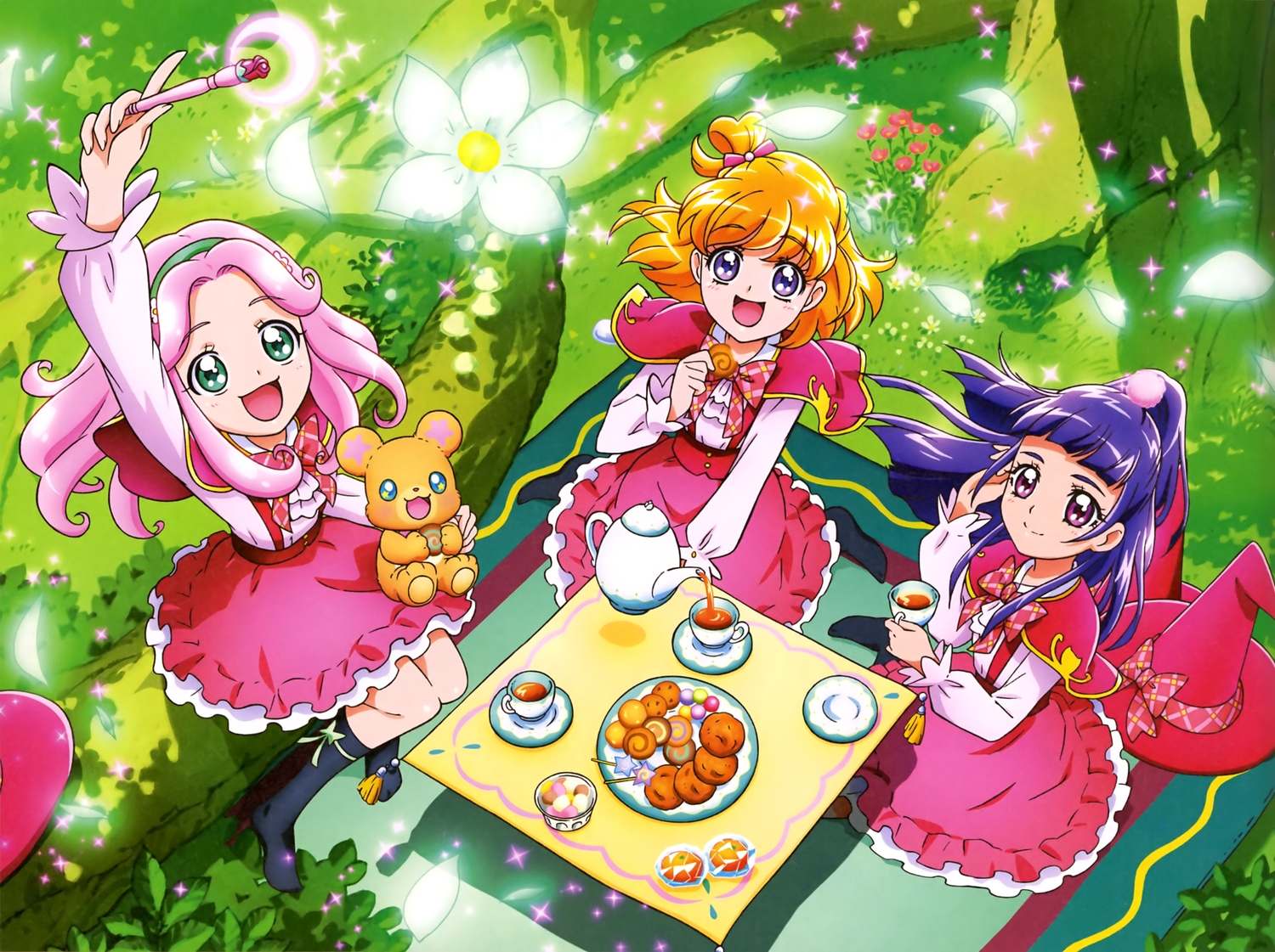 asahina_mirai, blue_hair, bow, candy, drink, flowers, food, grass