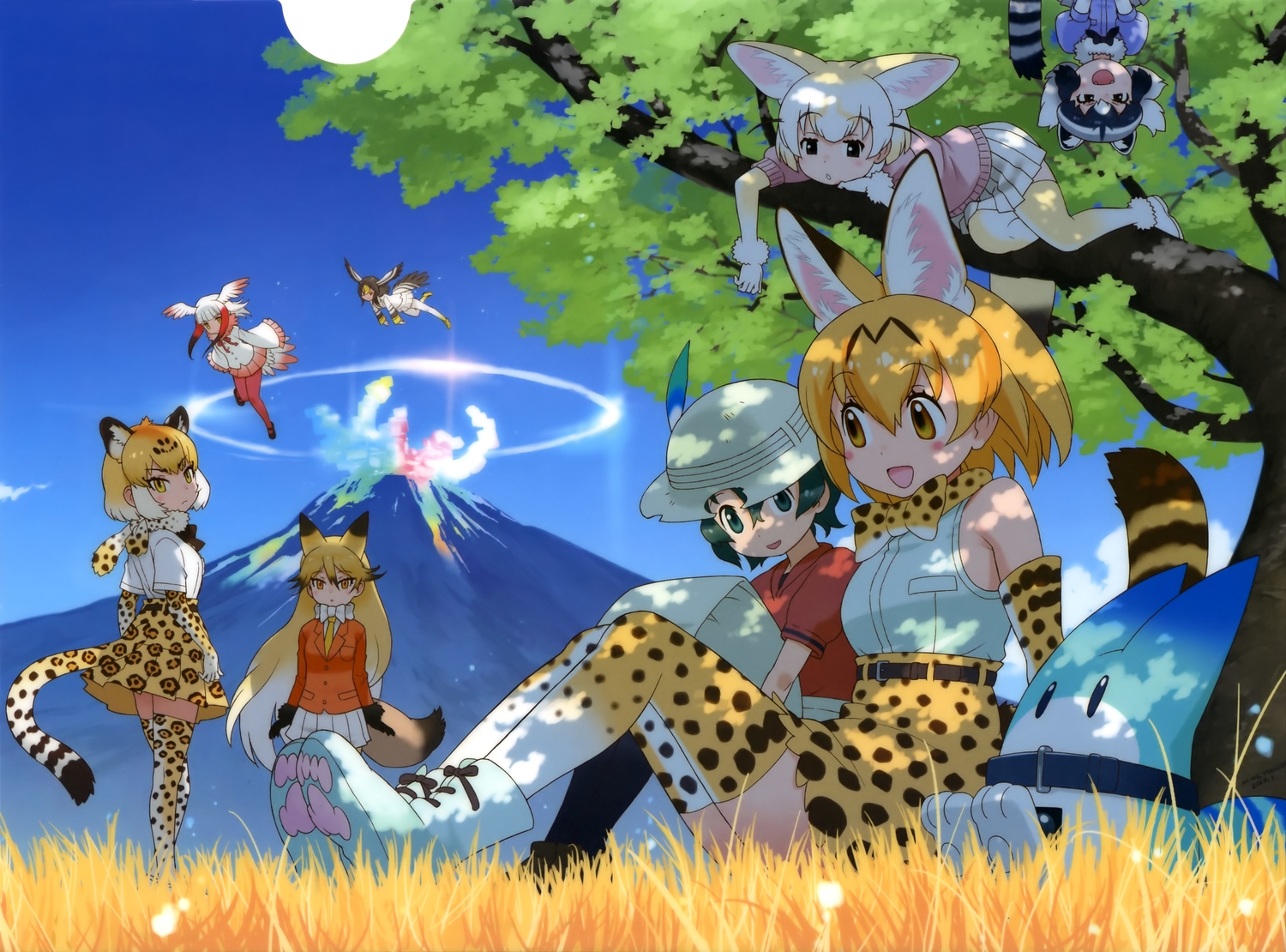 animal_ears, anthropomorphism, black_hair, blonde_hair, breasts, catgirl, clouds, common_raccoon_(kemono_friends)