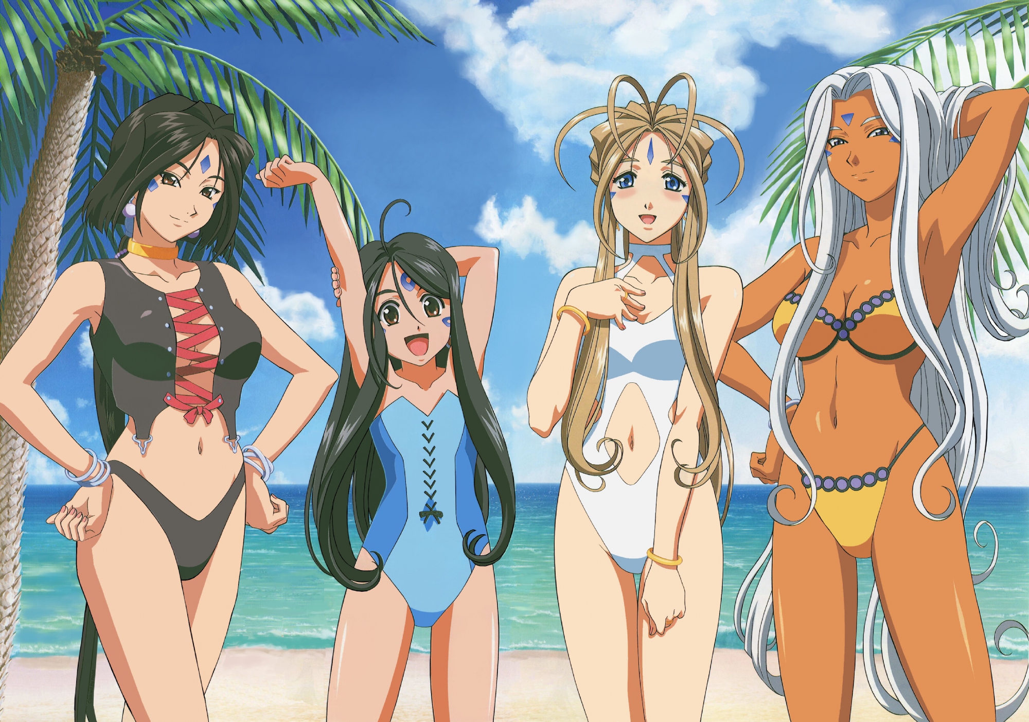 aa_megami-sama, belldandy, peorth, skuld, swimsuit, urd