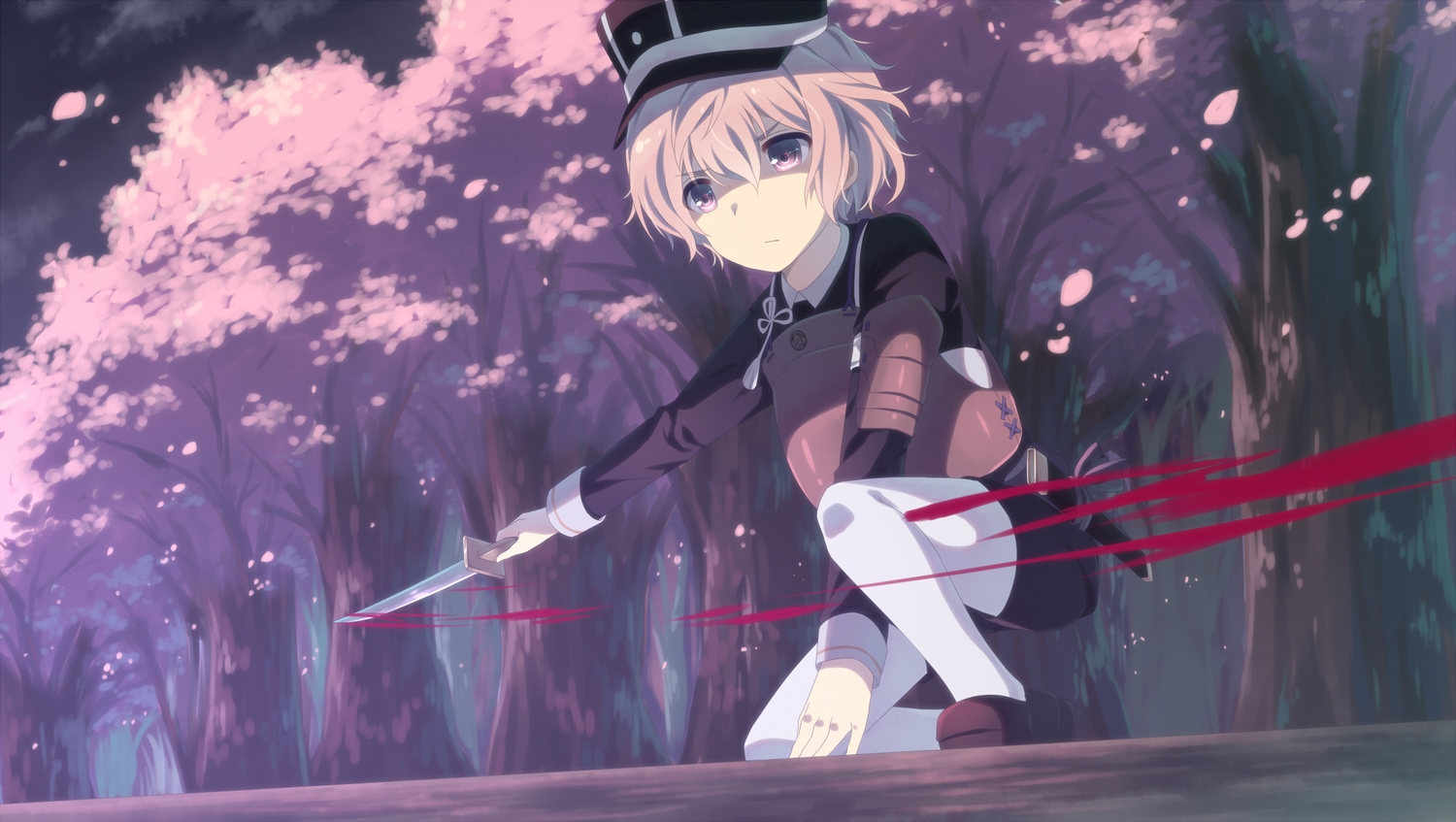 akita_toushirou, all_male, anthropomorphism, blood, cherry_blossoms, flowers, hat, kneehighs, male, petals, pink_eyes, pink_hair, re_moyo, short_hair, touken_ranbu, tree