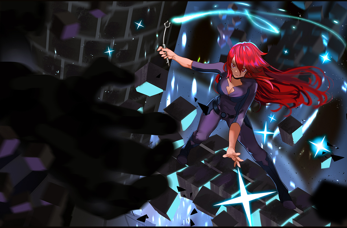 bodysuit, breasts, cleavage, little_witch_academia, long_hair, red_eyes, red_hair, shiny_chariot, skintight, wand, xiaoshou_xiansheng