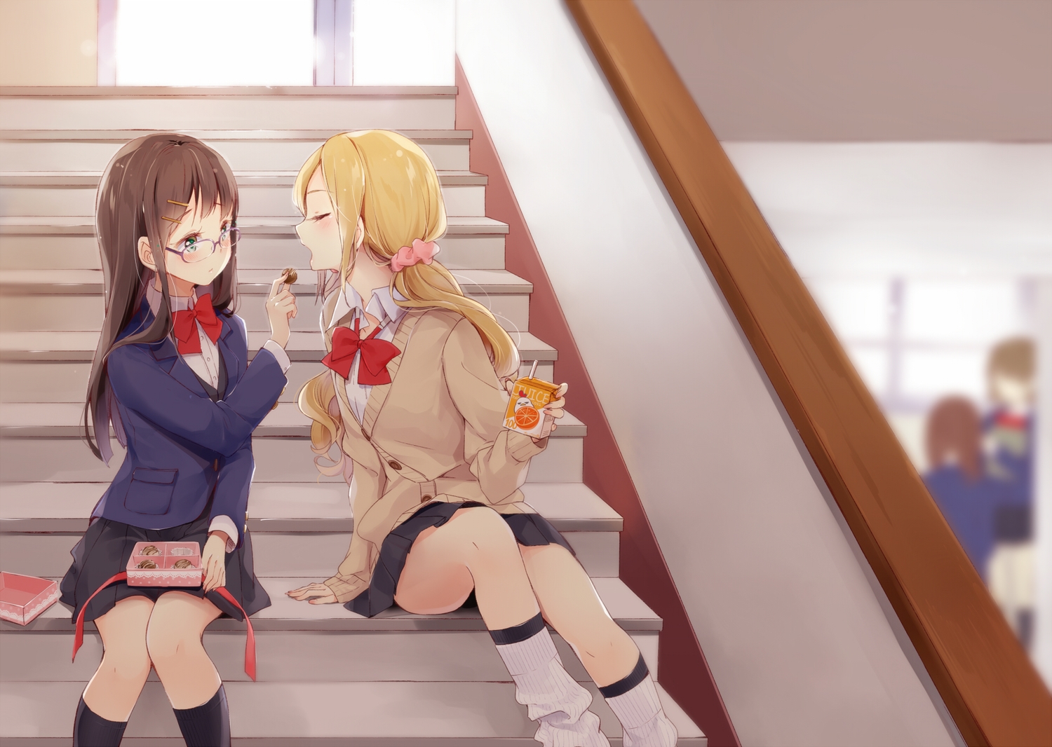 2girls, candy, chocolate, drink, food, glasses, hazuki_natsu, kneehighs