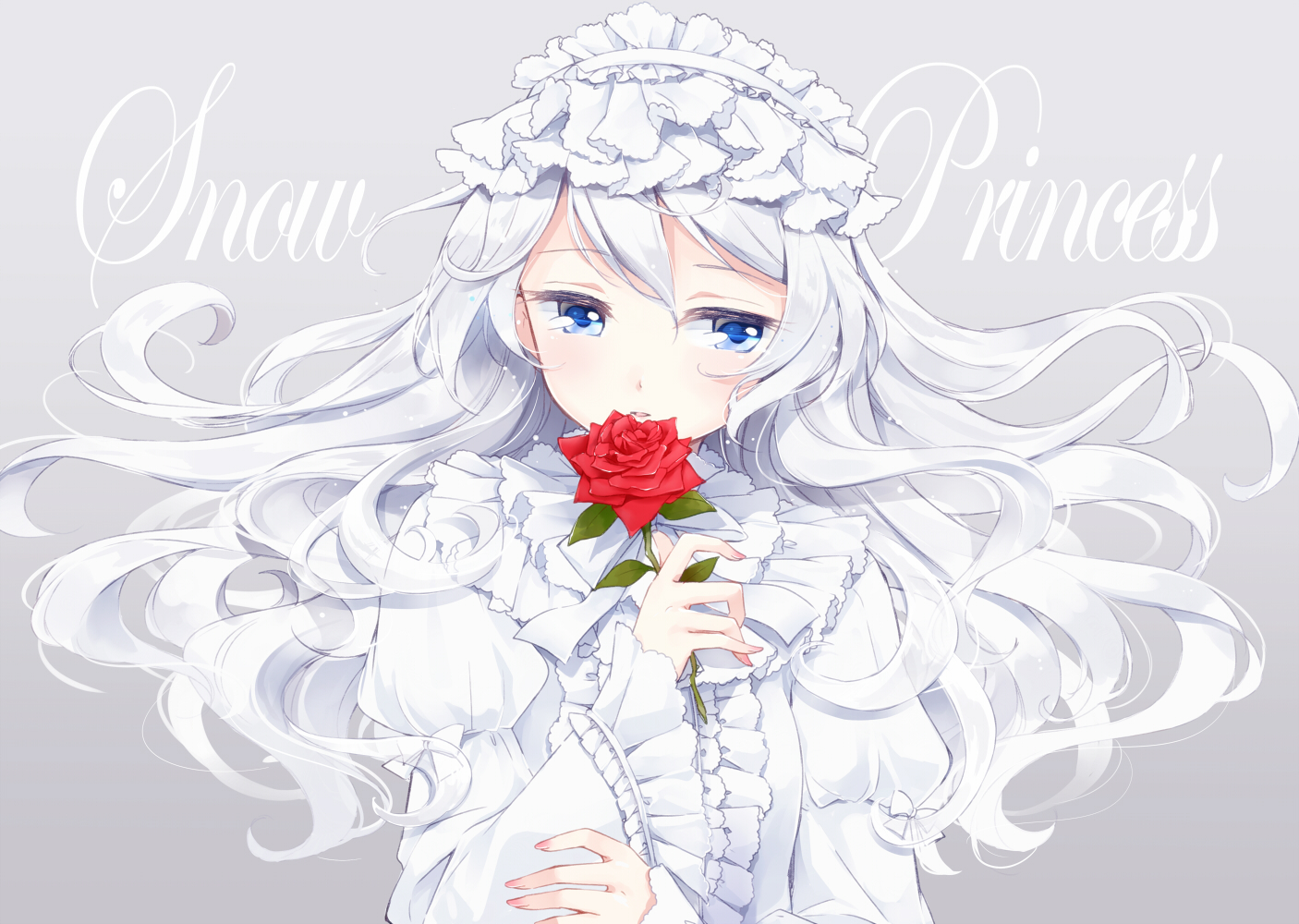 blue_eyes, flowers, hazuki_natsu, headdress, long_hair, original, rose, white_hair