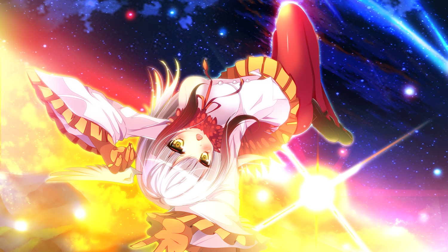 anthropomorphism, blush, breasts, crested_ibis_(kemono_friends), gloves, gray_hair, kemono_friends, long_hair, natsumikan, pantyhose, skirt, yellow_eyes