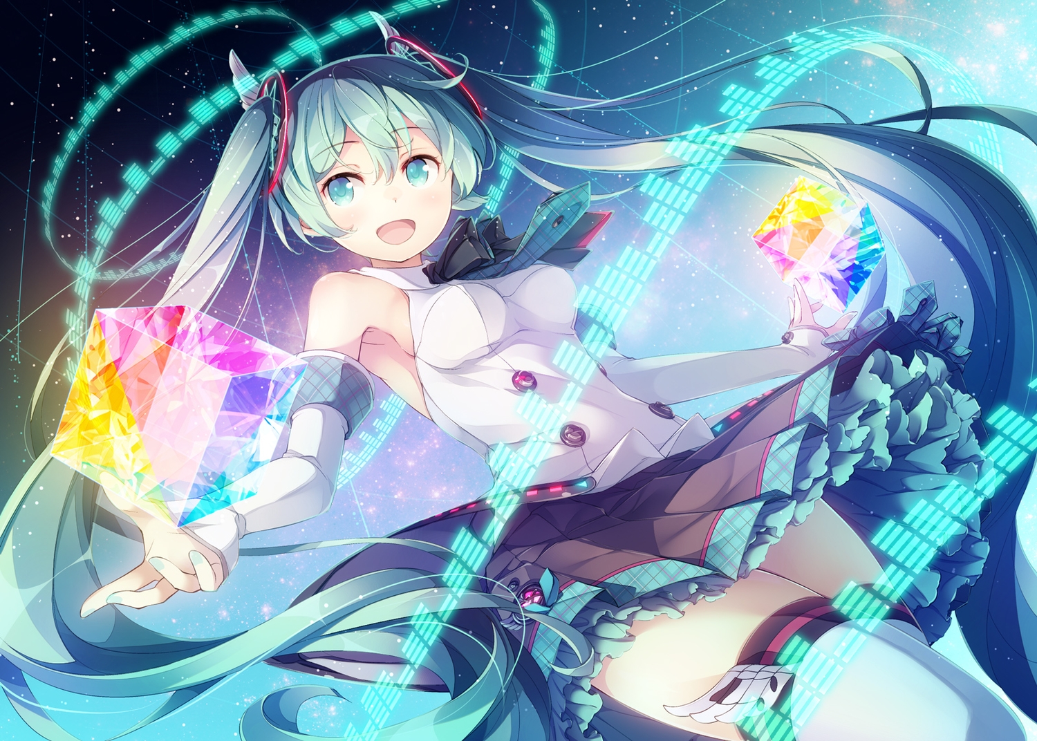 aqua_hair, hatsune_miku, long_hair, matsu_uni, skirt, thighhighs, twintails, vocaloid, zettai_ryouiki