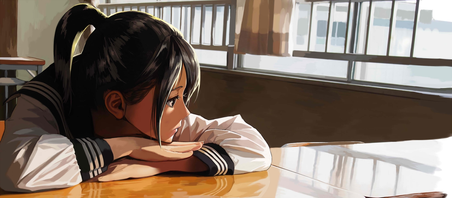black_eyes, black_hair, isaki_uta, long_hair, original, ponytail, reflection, school_uniform