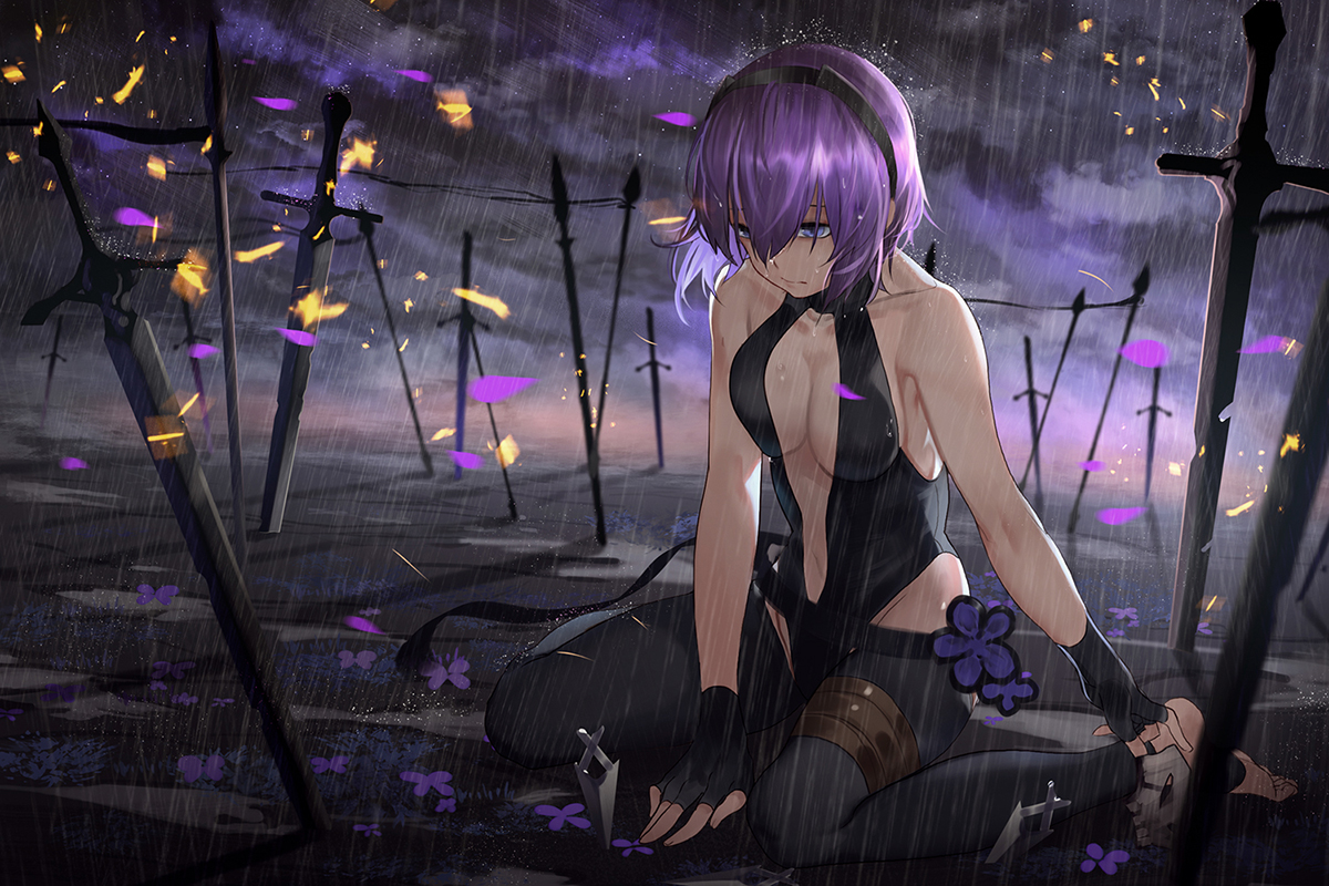 barefoot, blue_eyes, breasts, cleavage, fate/grand_order, fate_(series), gloves, hassan_of_serenity, headband, magic, night, purple_hair, rain, sword, water, weapon, xiaoshou_xiansheng