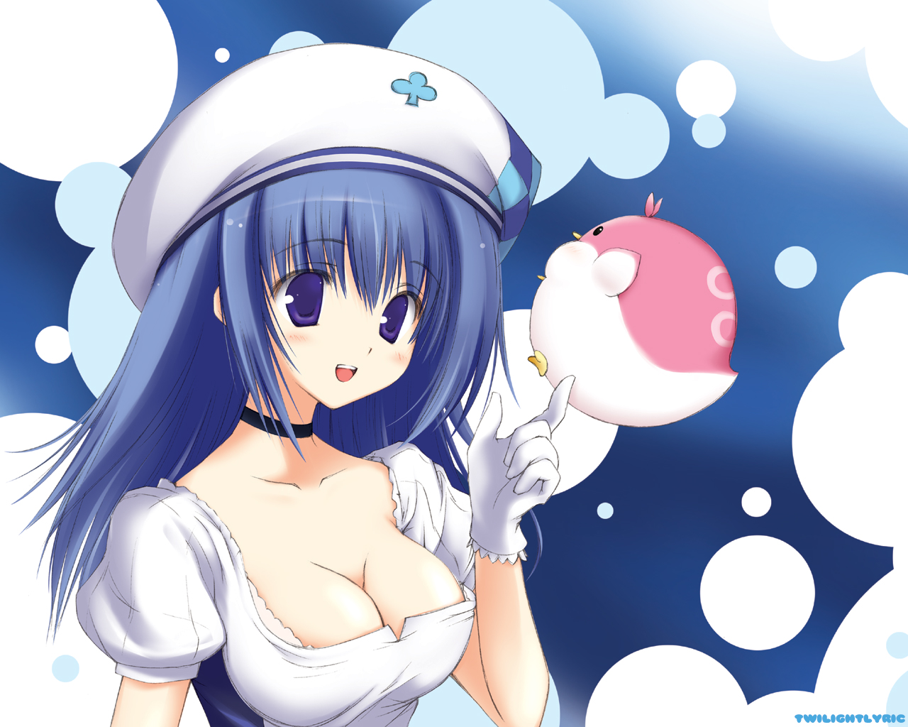 animal, arin, bird, blue_eyes, blue_hair, breasts, choker, cleavage