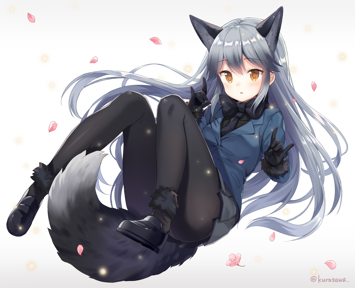 animal_ears, anthropomorphism, ass, bow, elbow_gloves, foxgirl, gloves, gray_hair, kemono_friends, kurasawa_moko, long_hair, orange_eyes, pantyhose, petals, signed, silver_fox_(kemono_friends), tail, white