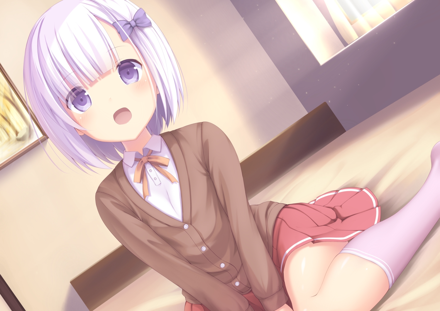 bed, blush, bow, kneehighs, original, purple_eyes, purple_hair, sasakura_momizi