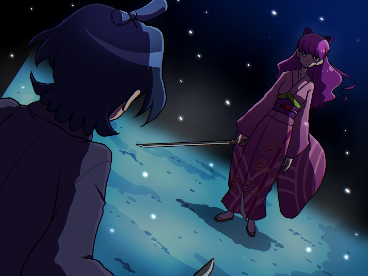 2girls, blue_hair, bow, japanese_clothes, kotozume_yukari, long_hair, pink_eyes, pink_hair, precure, shirono, short_hair, sword, tagme_(character), weapon